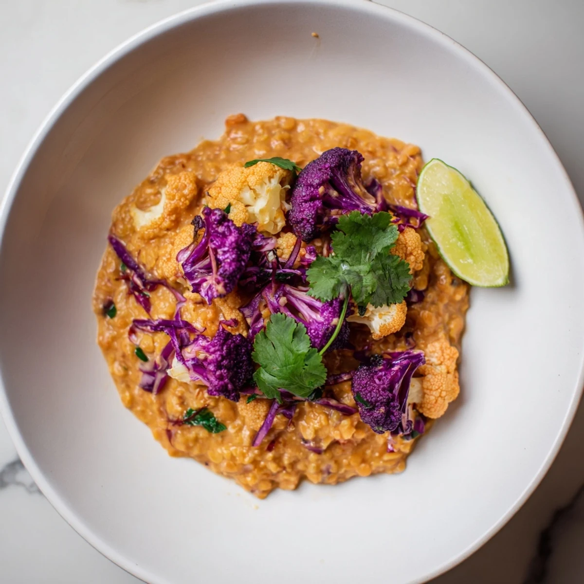 Creamy Red Cabbage, Cauliflower & Coconut Dhal: a hearty, vegan Indian-inspired dish with warming spices.