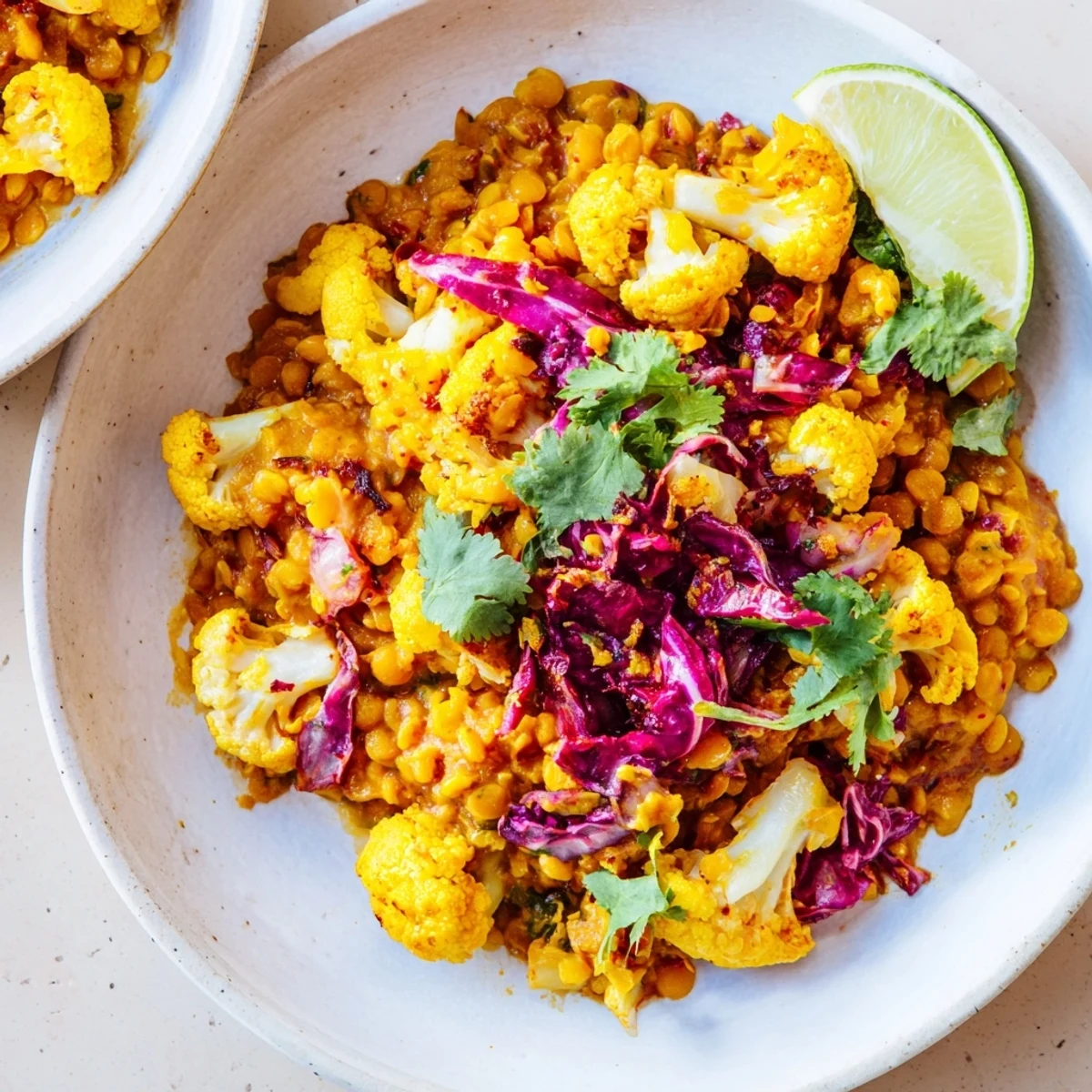 Enjoy a comforting serving of Red Cabbage, Cauliflower & Coconut Dhal alongside a lemon wedge and fluffy rice.