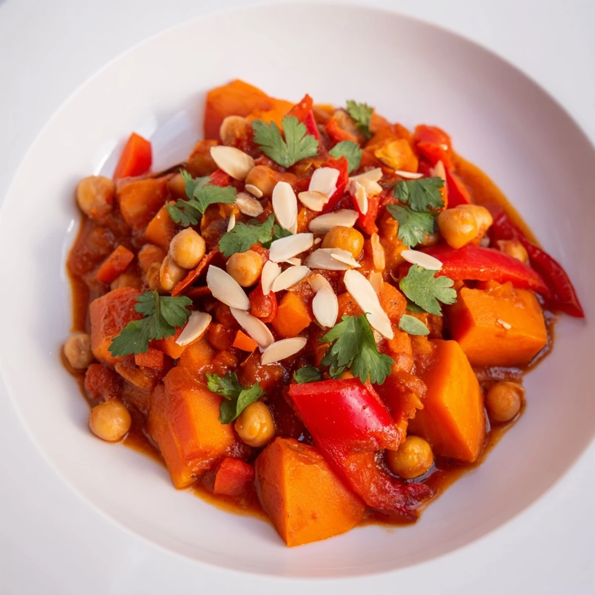 Steaming Moroccan Chickpea & Sweet Potato Tagine, a vibrant, spiced stew ready to serve with fresh cilantro.