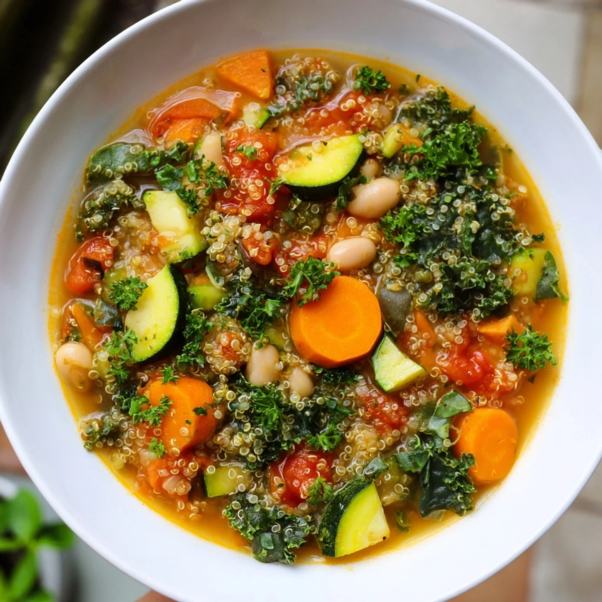Close-up of a rustic bowl of flavorful Minestrone with Quinoa & Winter Greens simmering in broth.