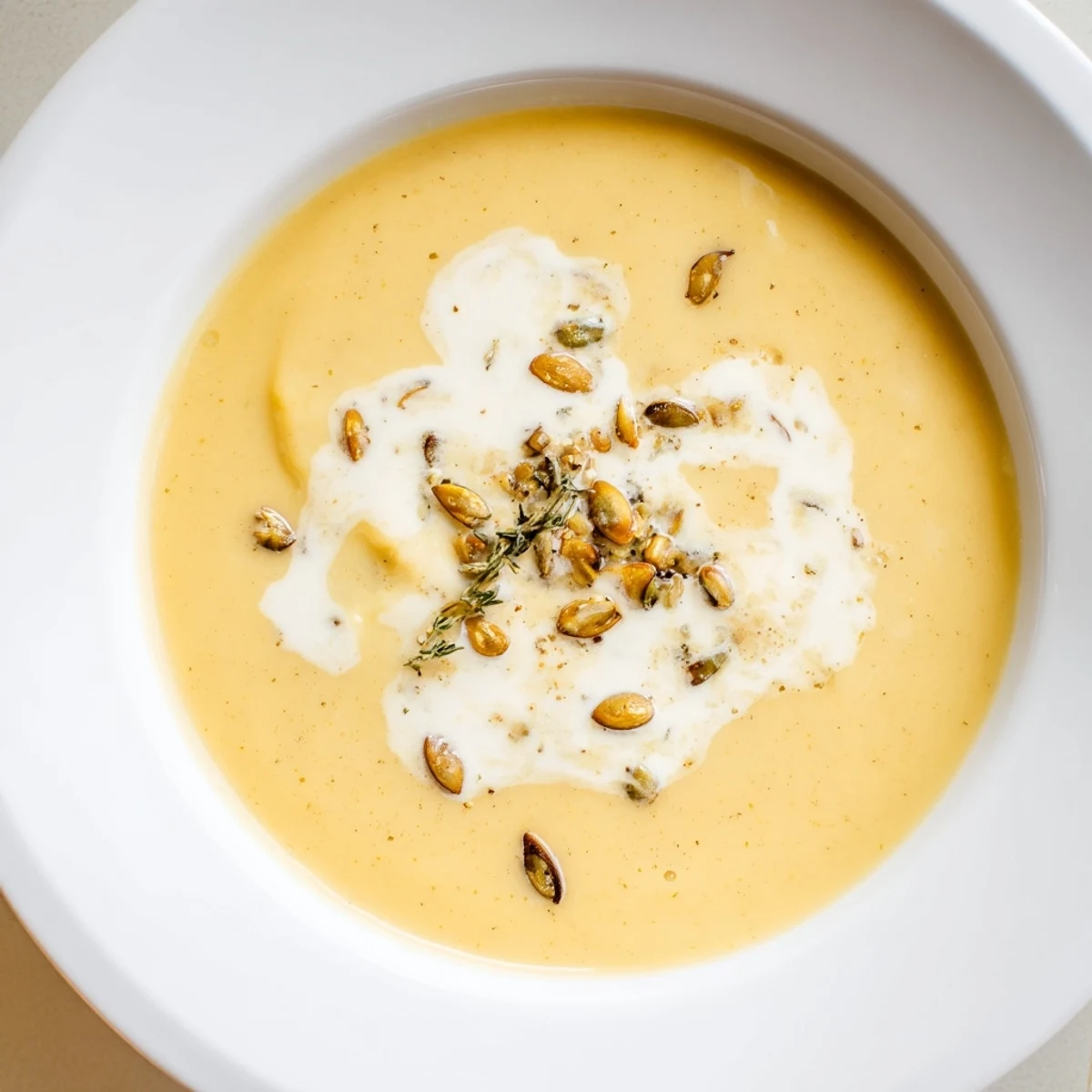 Creamy Roasted Acorn Squash Soup: a warm bowl of orange, velvety soup garnished with fresh herbs.