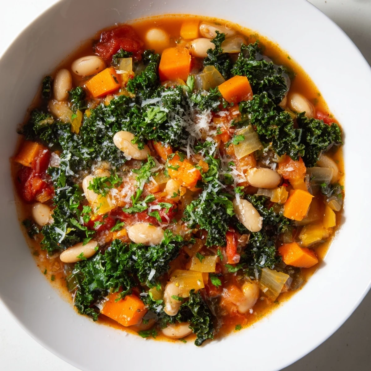 Warm, inviting image of Italian Bean & Kale Stew; a hearty, comforting vegetarian meal with crusty bread.