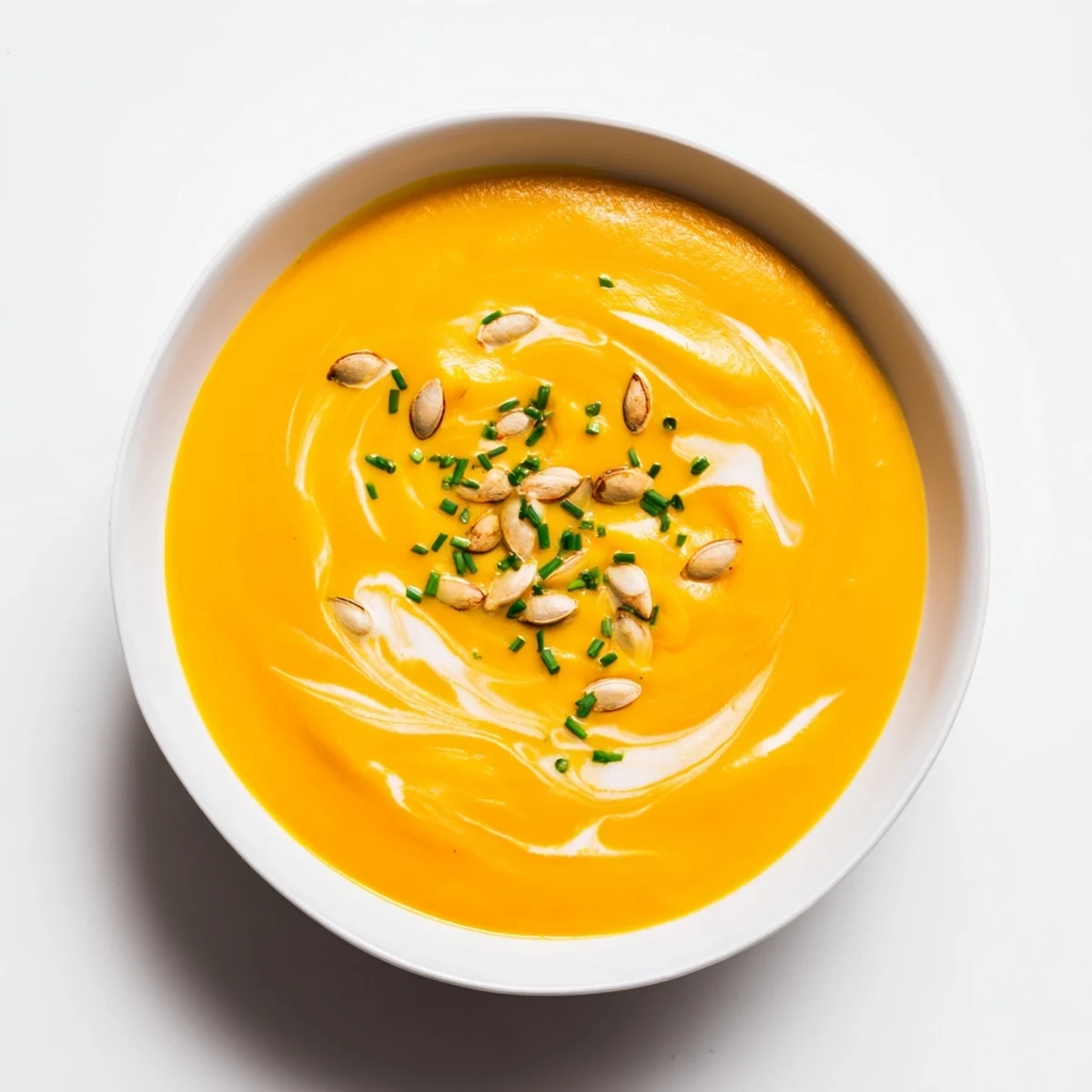 Creamy Butternut Squash & Pear Soup in a bowl, garnished with toasted pumpkin seeds, ready to savor.