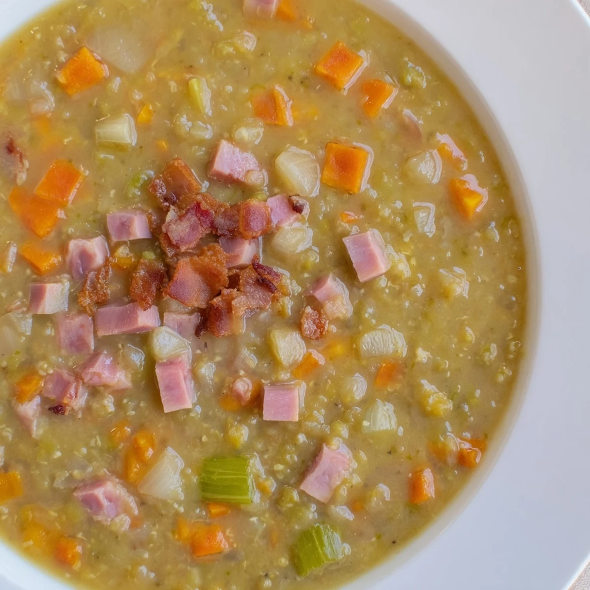 Steaming bowl of Split Pea Soup brimming with ham and bacon, ready to enjoy on a cold day.