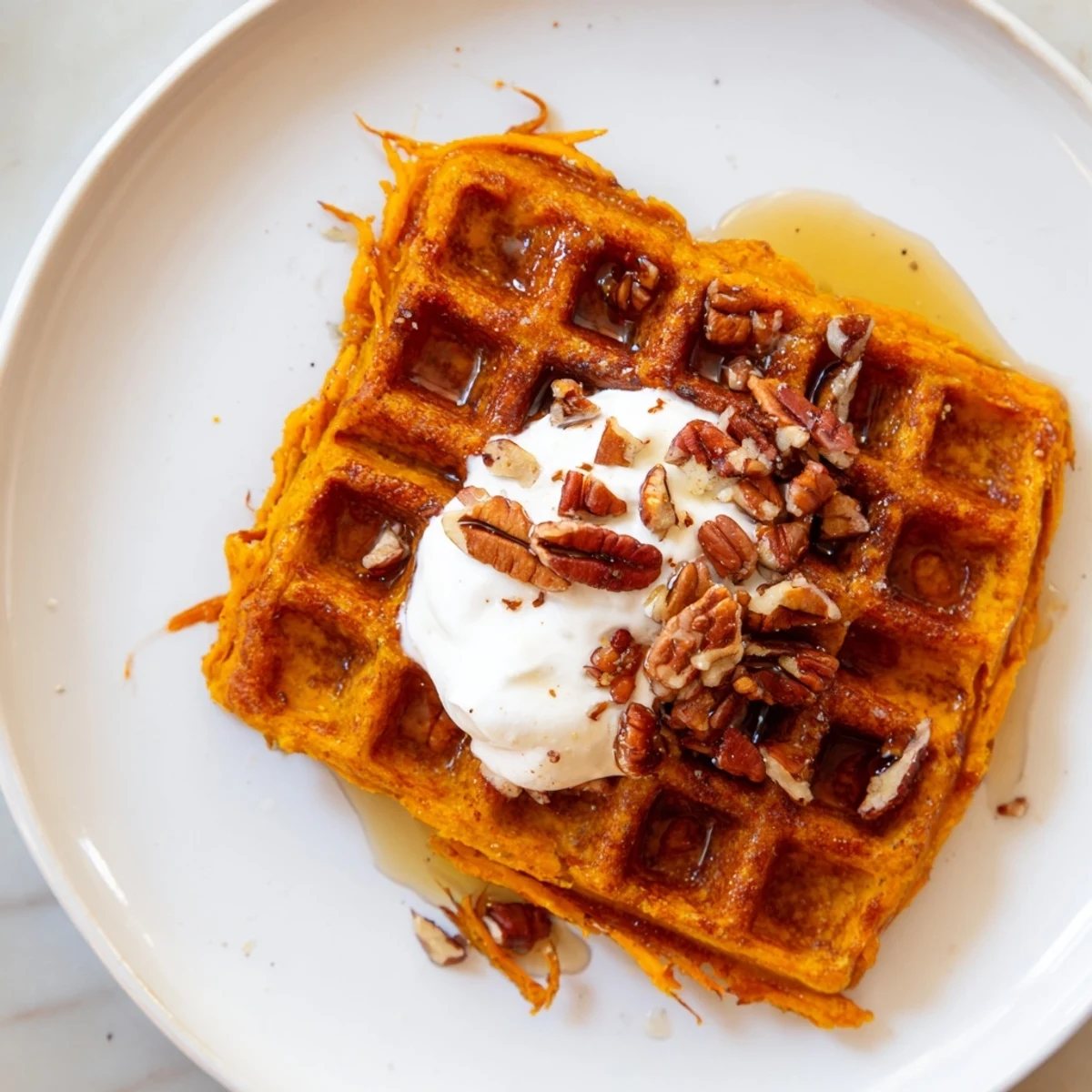 Golden-brown sweet potato waffles freshly cooked ready to be topped with your favorite breakfast delights.