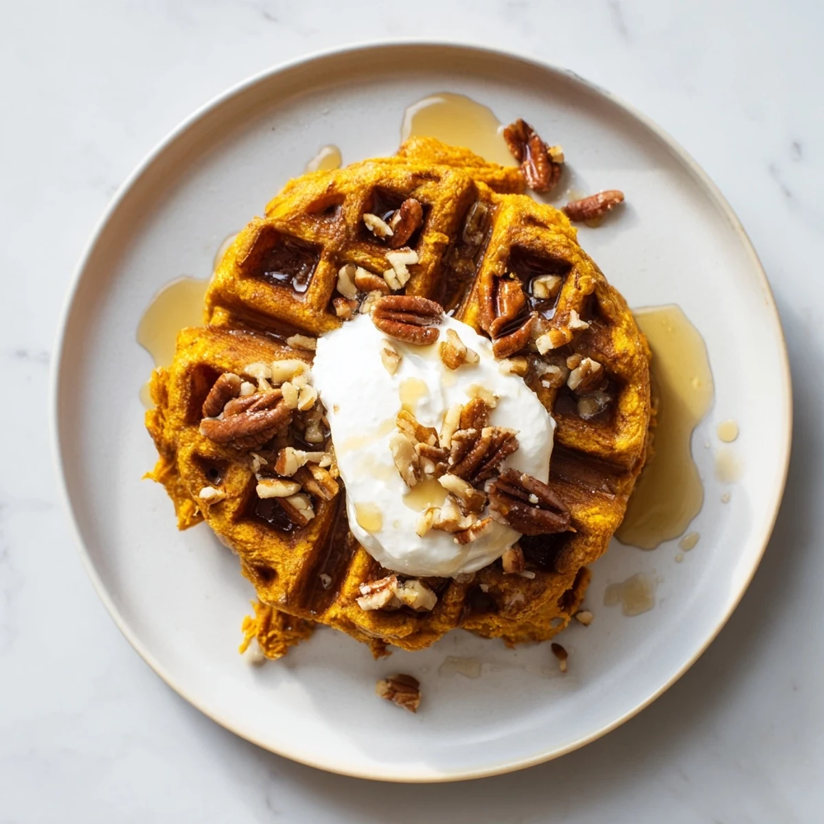 The delicious aroma of cinnamon fills the air as crispy sweet potato waffle batter cooks to perfection.