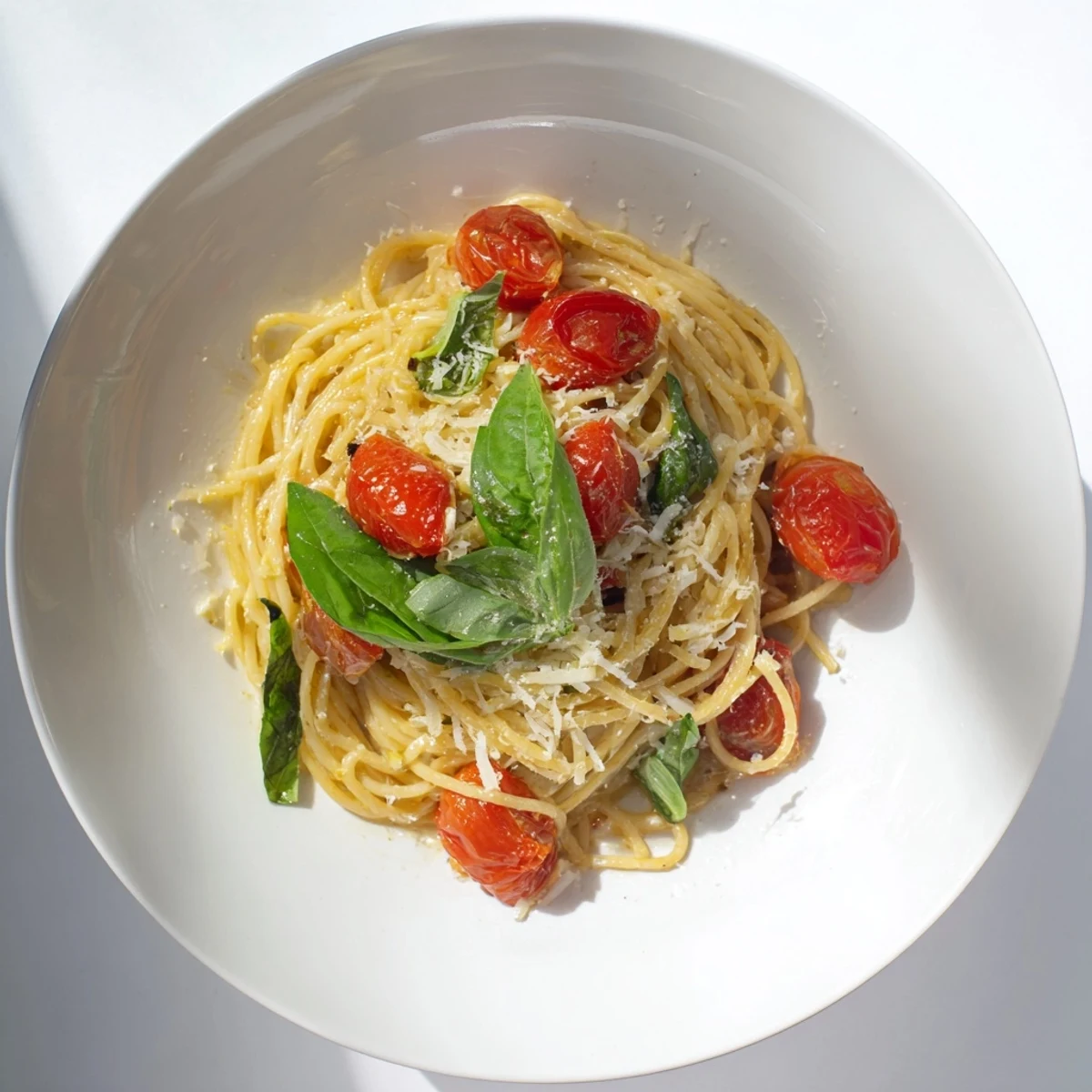 Steaming bowl of Lazy-Girl Pasta, glistening with Parmesan, ready to serve with fresh basil.