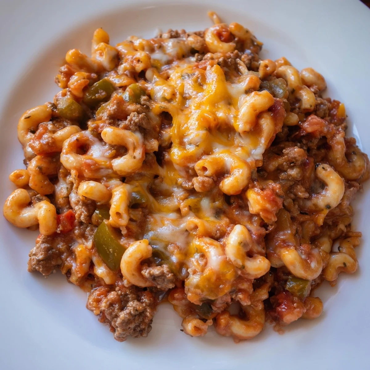 Hamburger casserole with bubbling cheese, savory ground beef, and tender macaroni pasta.