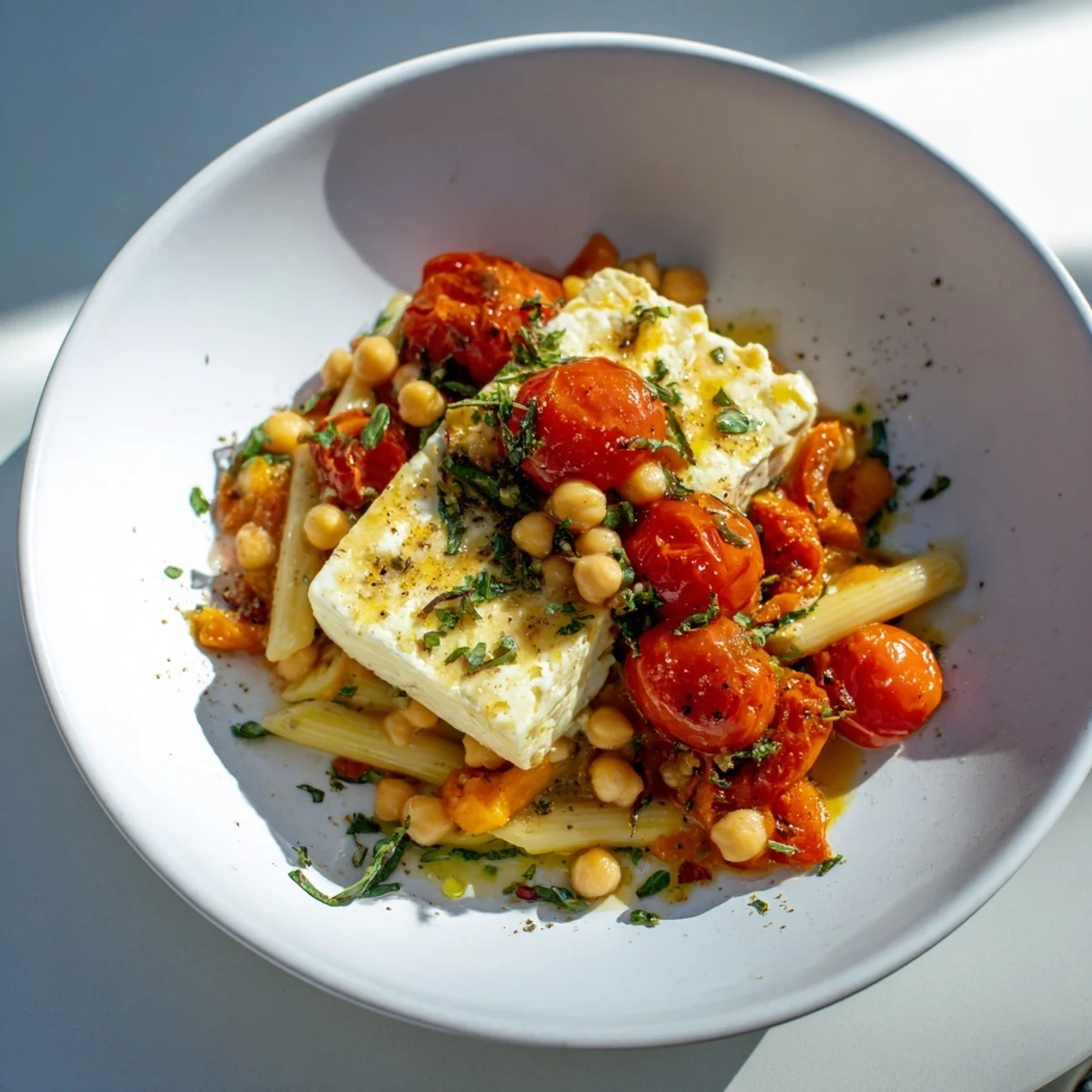 Golden, bubbly baked feta with juicy roasted tomatoes and chickpeas, perfect for pasta/rice.