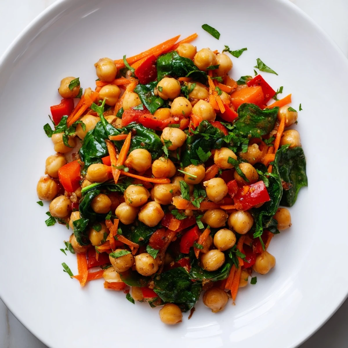A warm bowl of Vegetarian Chickpea & Spinach Skillet, garnished with fresh herbs, ideal for a comforting weeknight meal.