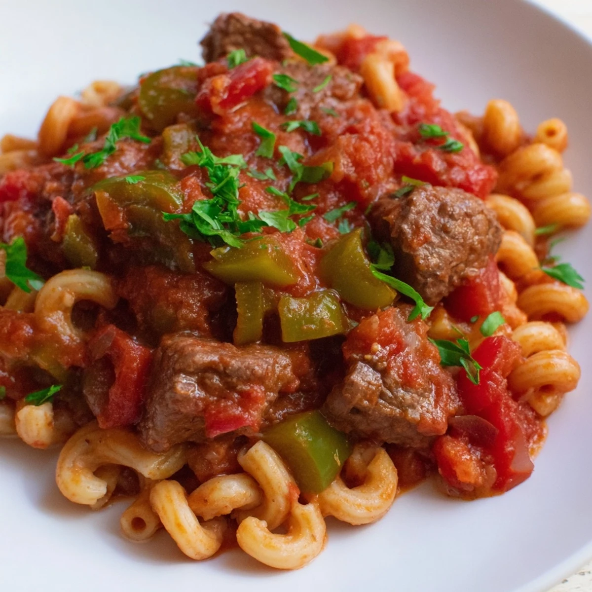 Steaming bowl of goulash with beef and pasta, garnished with fresh parsley, ready to eat.