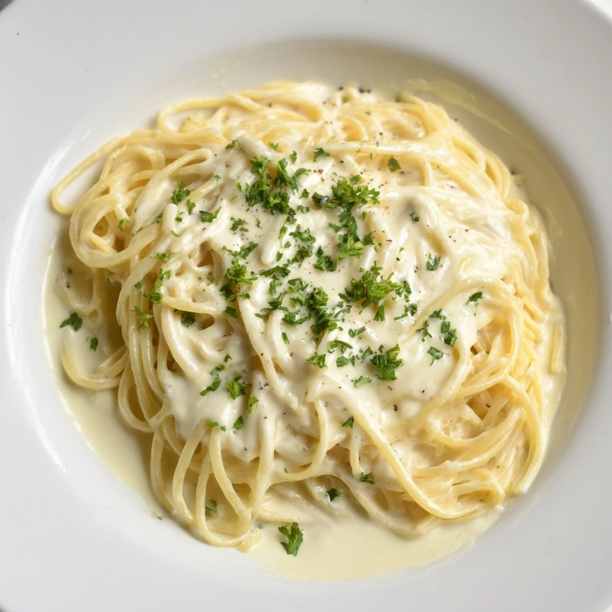 A glistening bowl of Creamy Three-Cheese Spaghetti, perfectly coated and ready to savor.