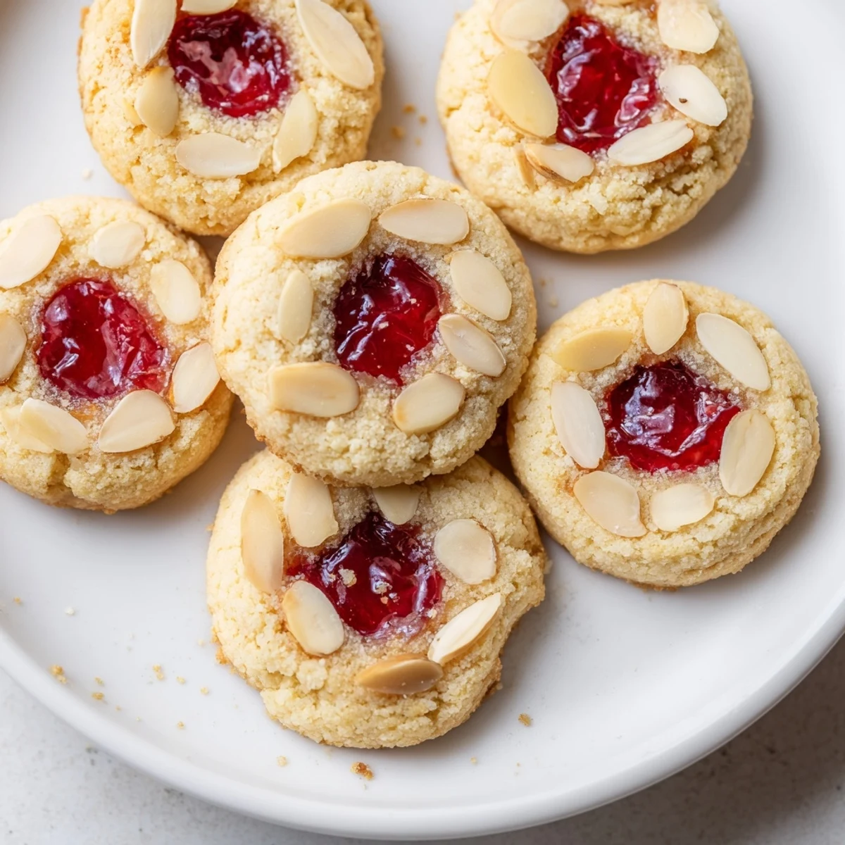 Golden baked Cherry Almond Thumbprint Cookies, showcasing a jam-filled center and sliced almond garnish.