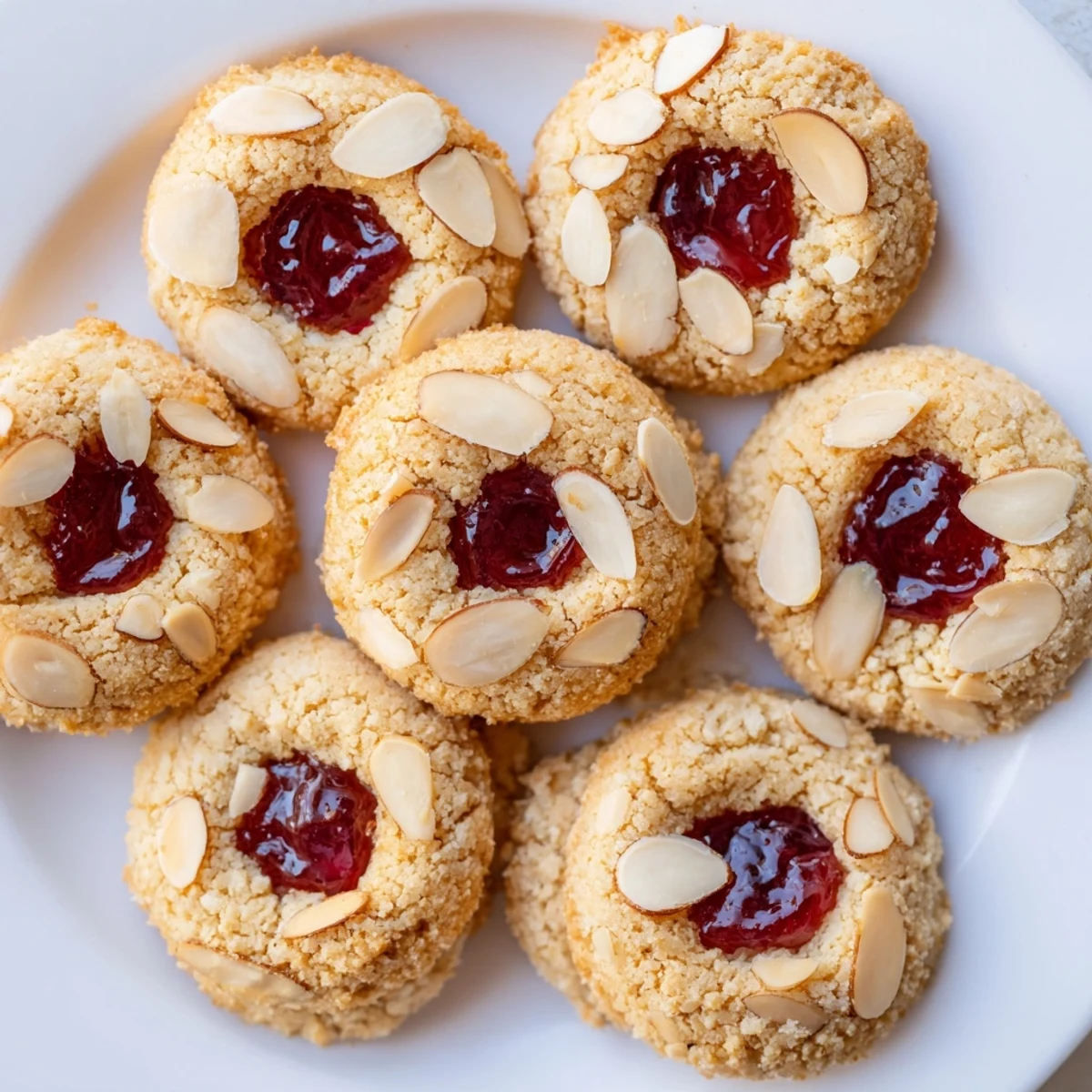 Close-up of freshly baked Cherry Almond Thumbprint Cookies, perfect for a holiday dessert or simple treat.