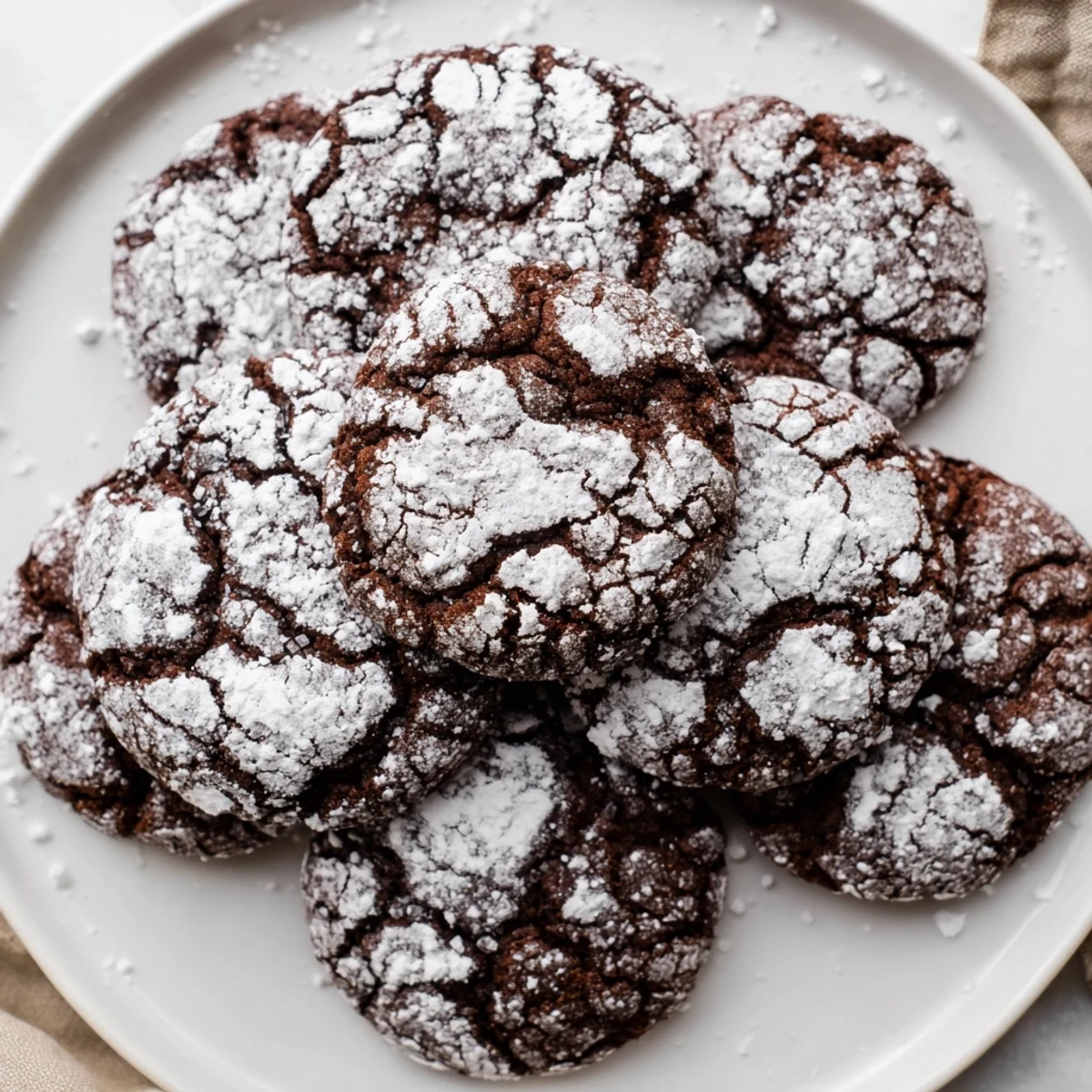 Close-up of freshly baked Chocolate Gingerbread Crinkle Cookies, showing the crackled sugar and dark, rich hues.