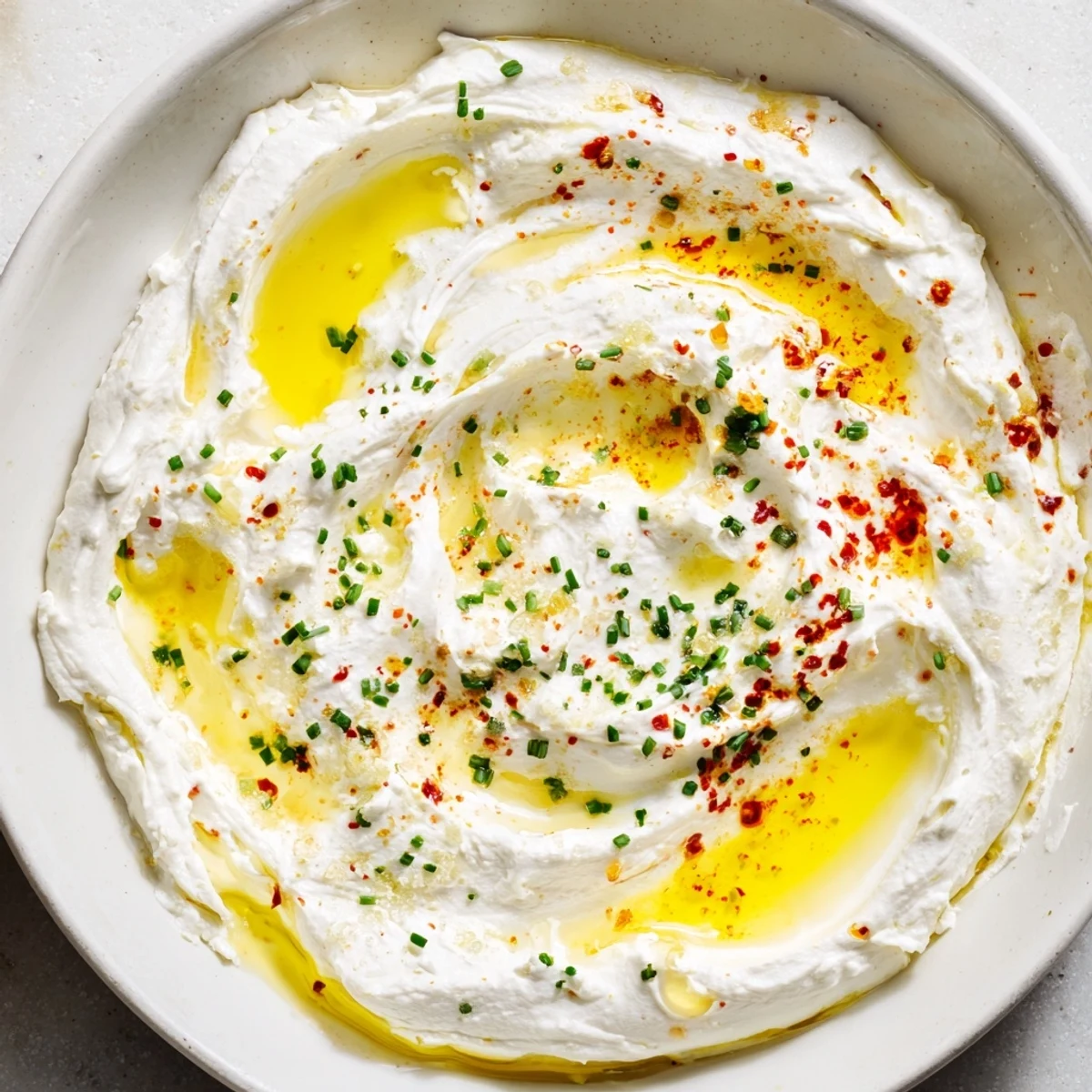 A close-up of whipped ricotta dip, showing the vibrant hot honey swirls for dipping crostini.