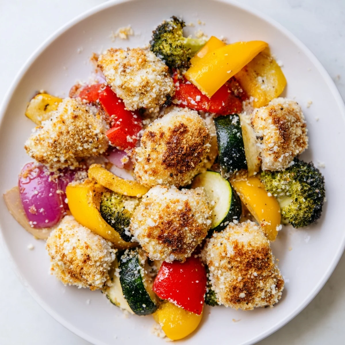 Golden, crispy Garlic Parmesan Chicken Bites on a sheet pan with roasted vegetables ready to eat.
