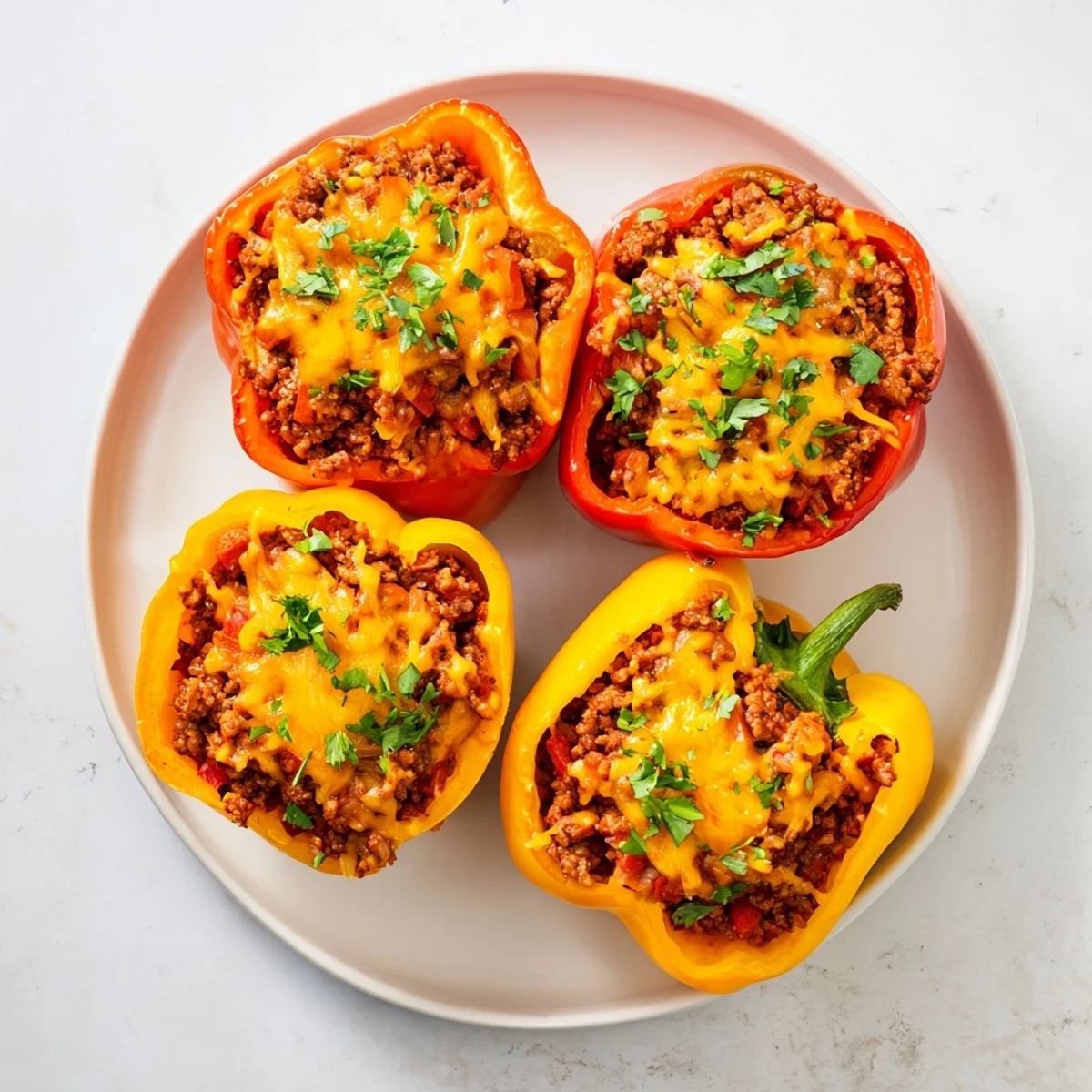 Sloppy Joe stuffed bell peppers overflowing with savory beef and melted cheddar cheese, ready to serve.