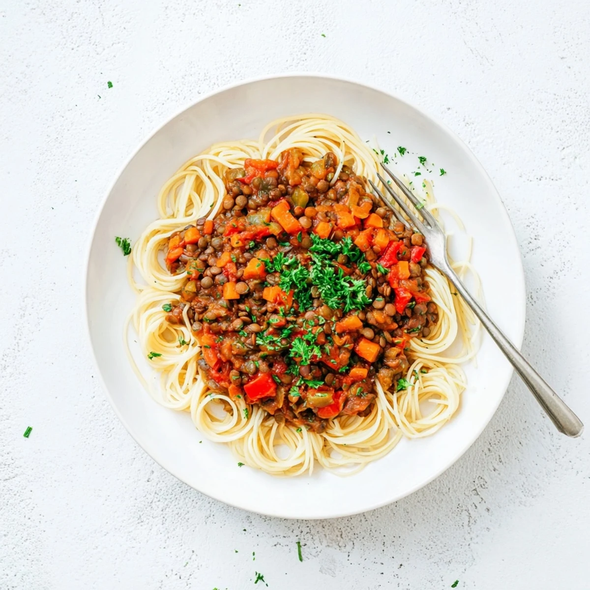 Hearty lentil Bolognese, bubbling and rich, served steaming over a bed of spaghetti, a vegan classic.