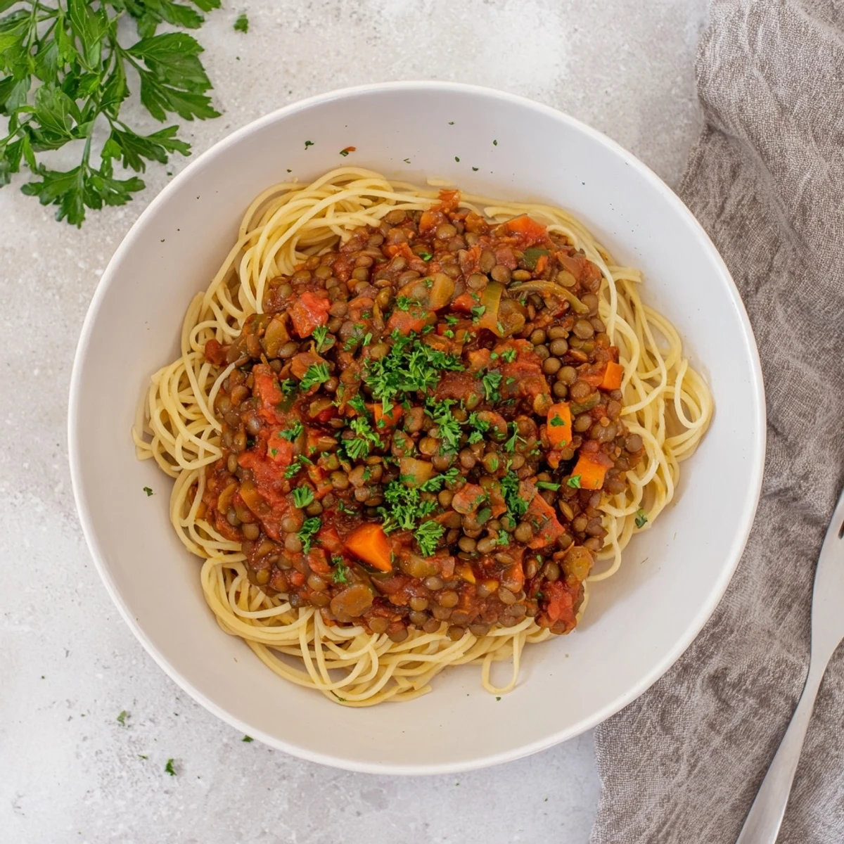 This comforting Hearty Lentil Bolognese features a hearty texture with beautiful, vibrant colors, ready to savor.