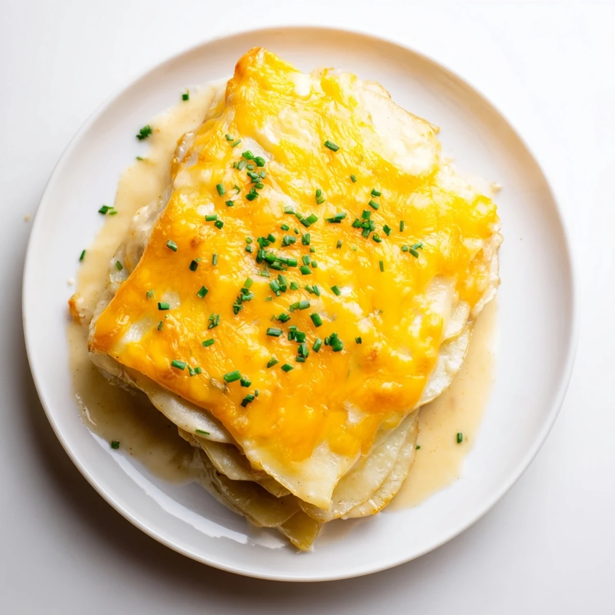 A close-up of a casserole brimming with creamy, cheesy Cheesy Scalloped Potatoes, ready to serve.