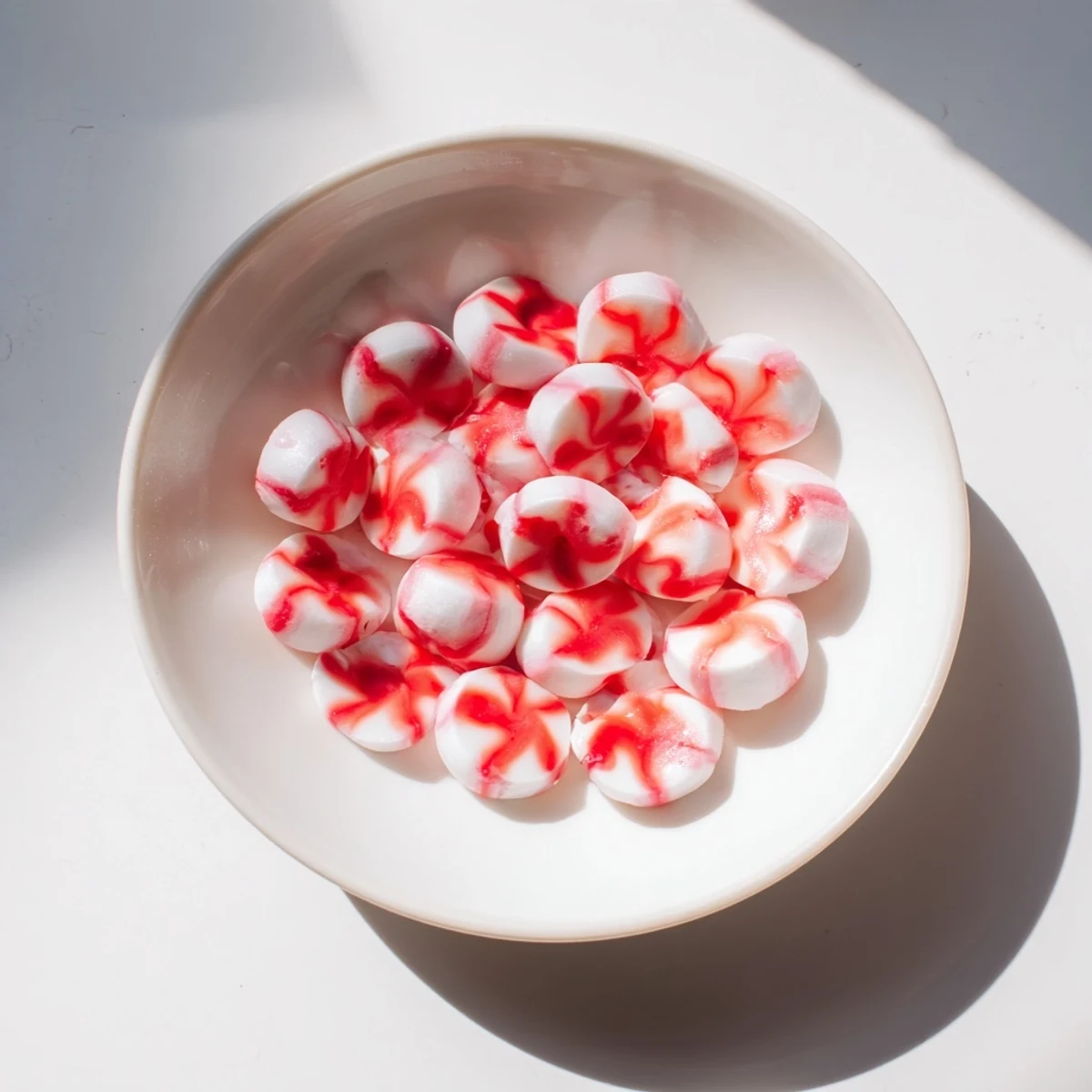 A vibrant, festive No-Bake Peppermint Candy Bowl, filled with treats ready to be gifted or enjoyed.