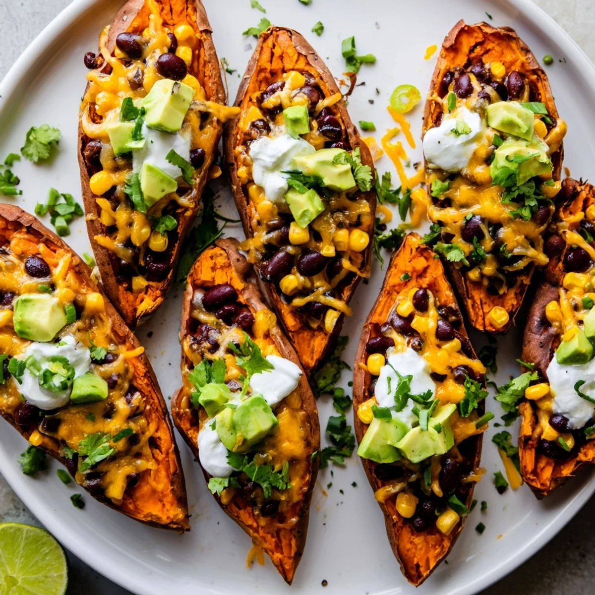Golden, steaming loaded baked sweet potatoes with melty cheese and vibrant toppings.
