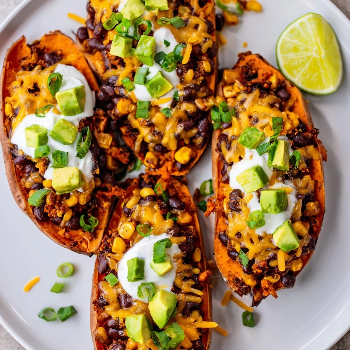 A close-up of delicious loaded baked sweet potatoes, brimming with a colorful black bean and corn mix.