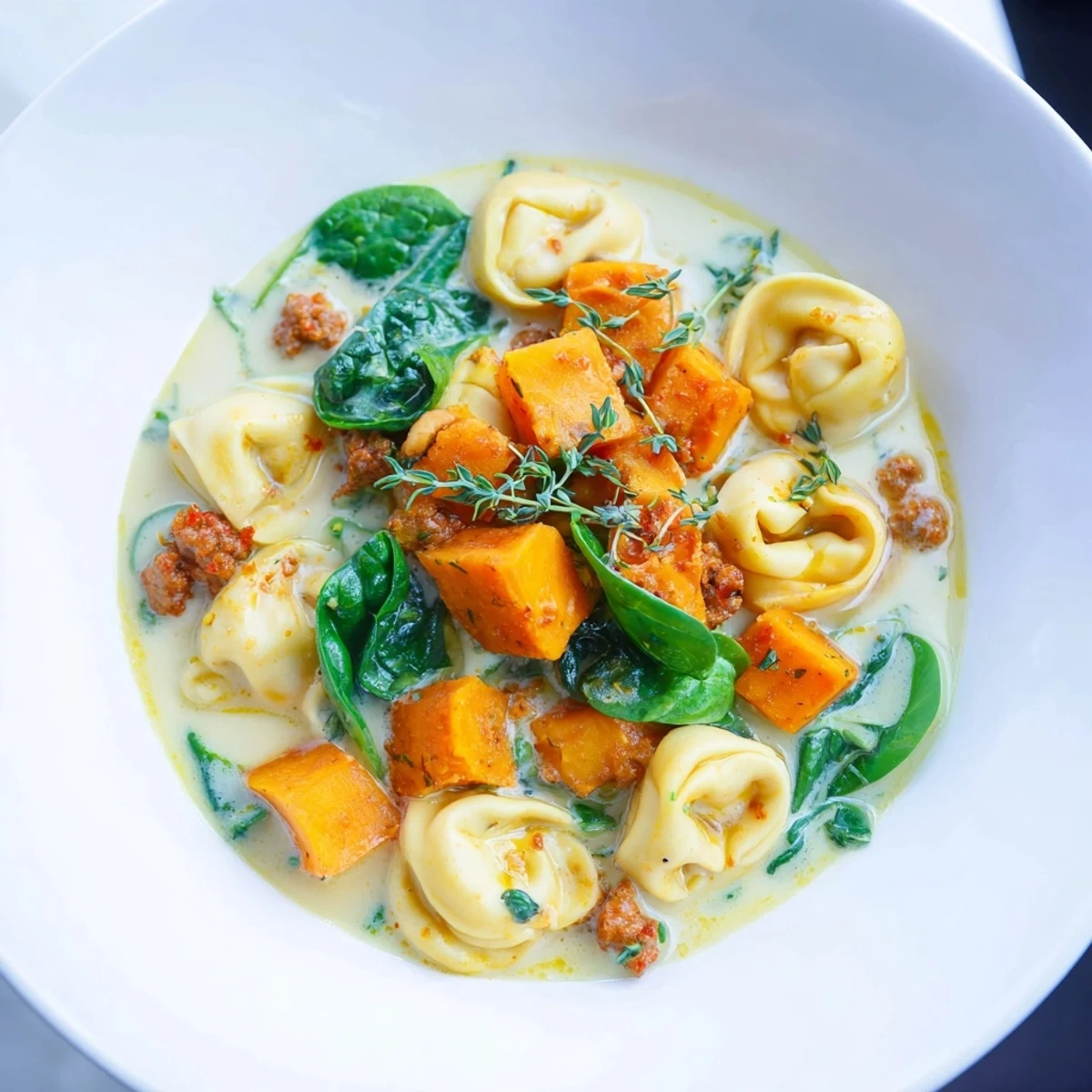 Warm bowl filled with Creamy Sausage Tortellini Soup, featuring sweet potatoes and fresh spinach.