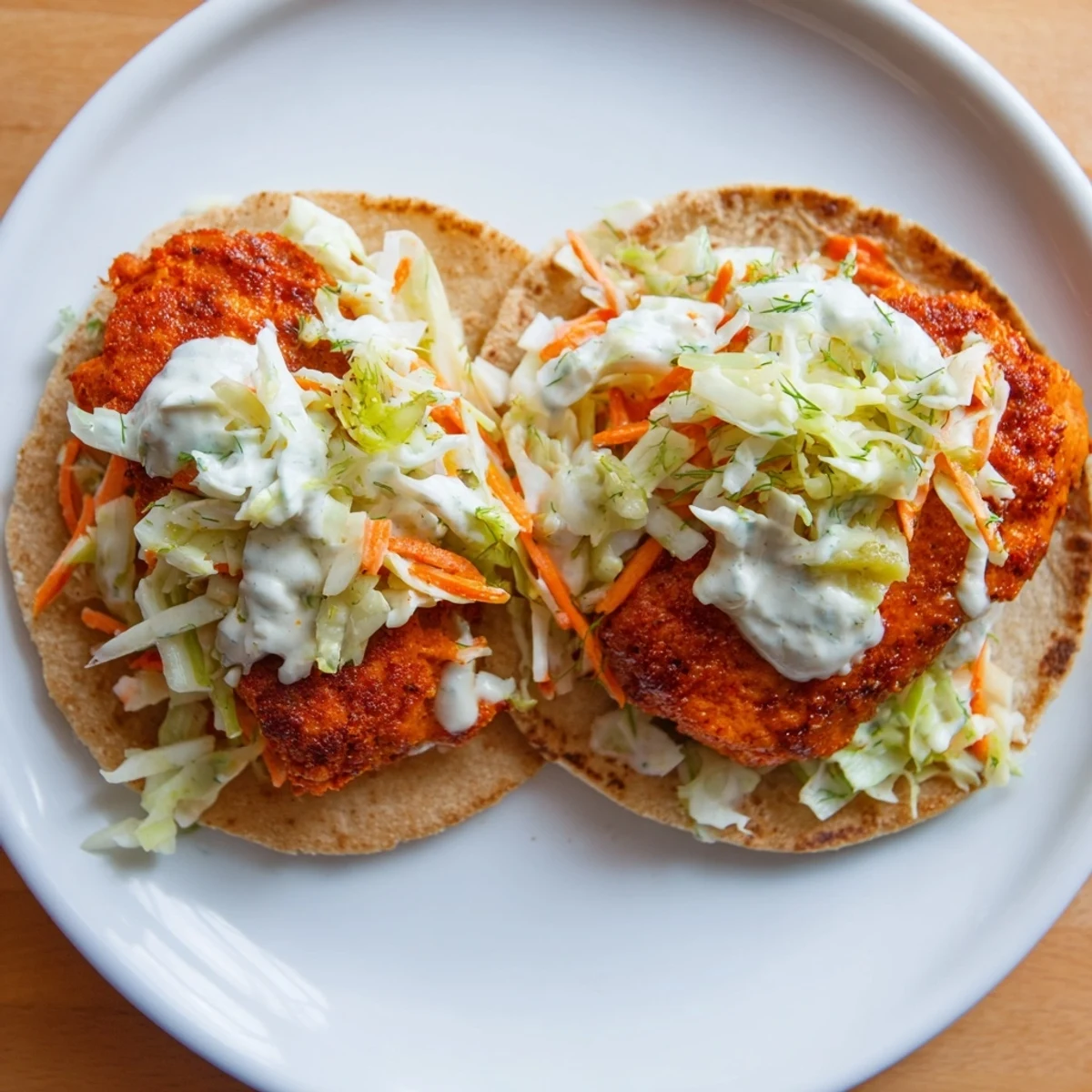 Crispy Buffalo Chicken Smash Burger Tacos with vibrant, creamy ranch slaw, ready to eat.