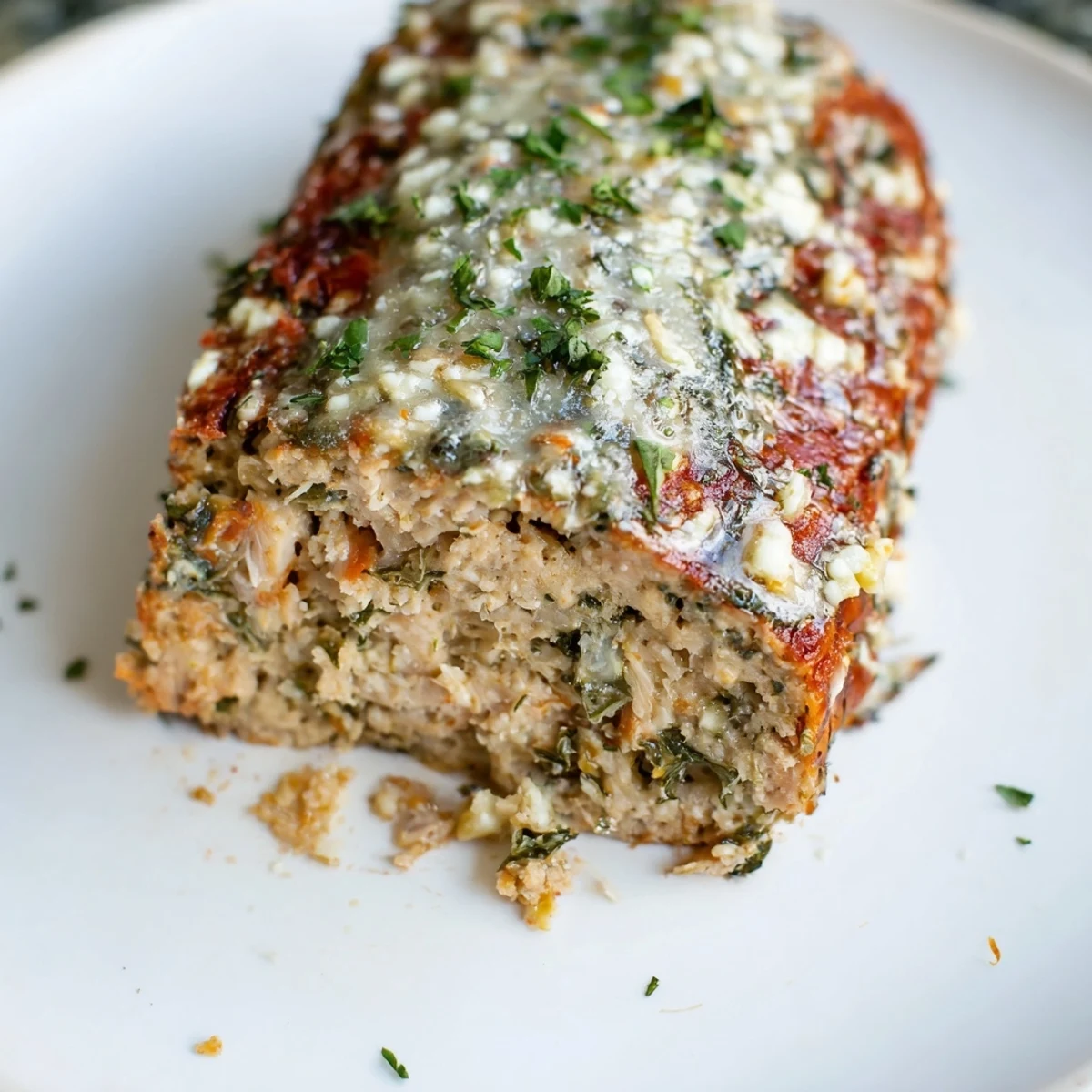 Golden, glazed slices of juicy garlic Parmesan chicken meatloaf, perfect for a family dinner.