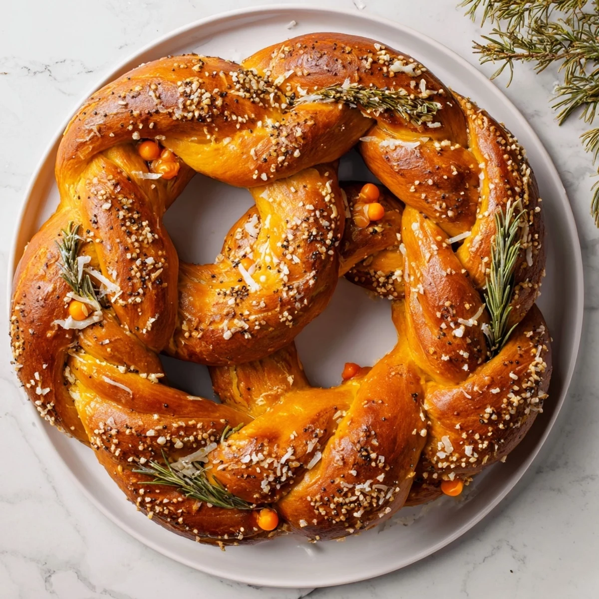 Close-up of a festive Budget Holiday Pretzel Wreath, glistening and inviting on a baking sheet.