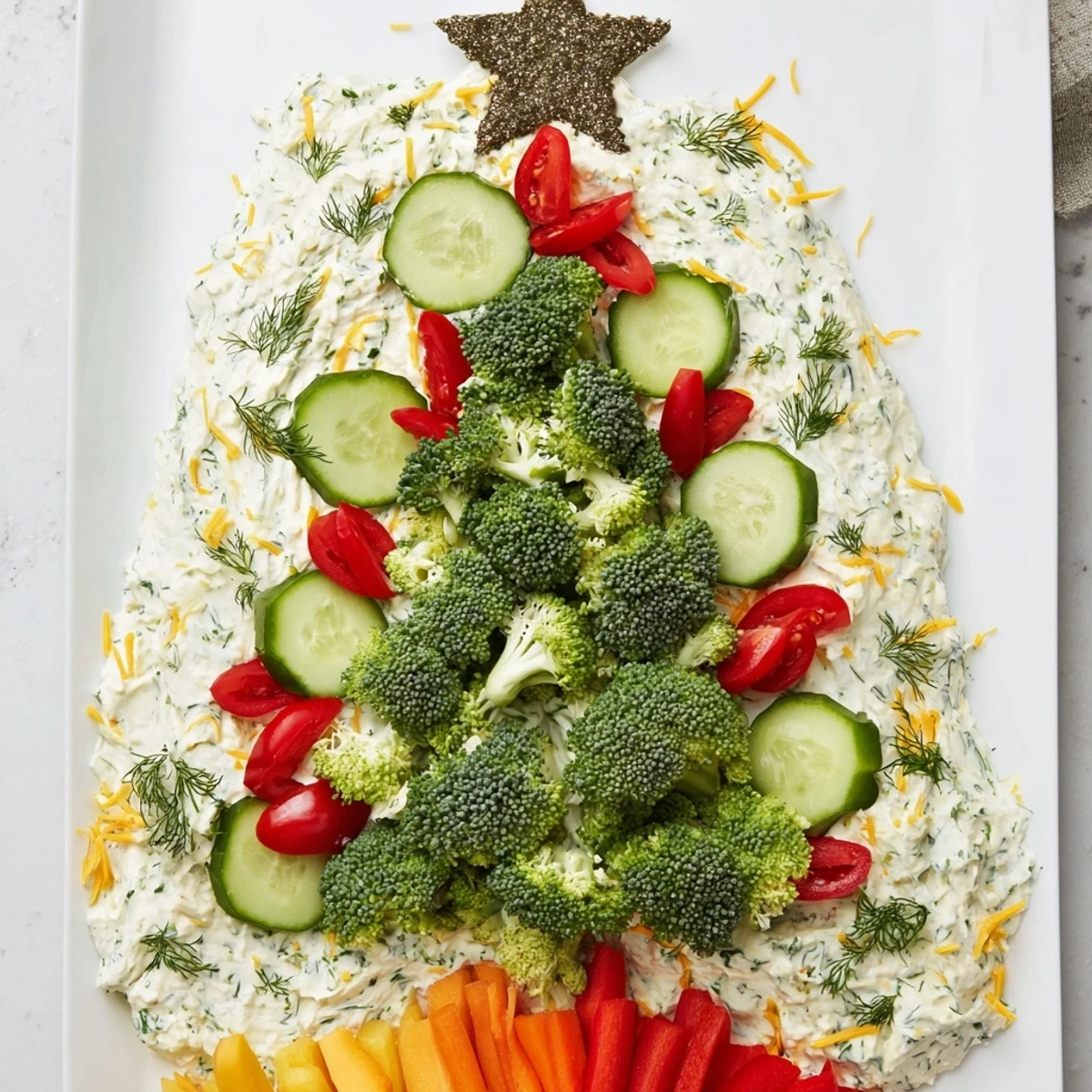 Festive Christmas Tree Dip platter with creamy herb dip and colorful vegetable "ornaments" for dipping.