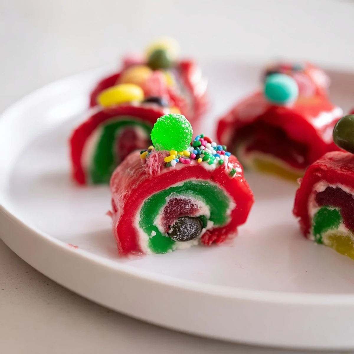 Vibrant Christmas fruit rollup sushi rolls filled with colorful candies, ready to be enjoyed.