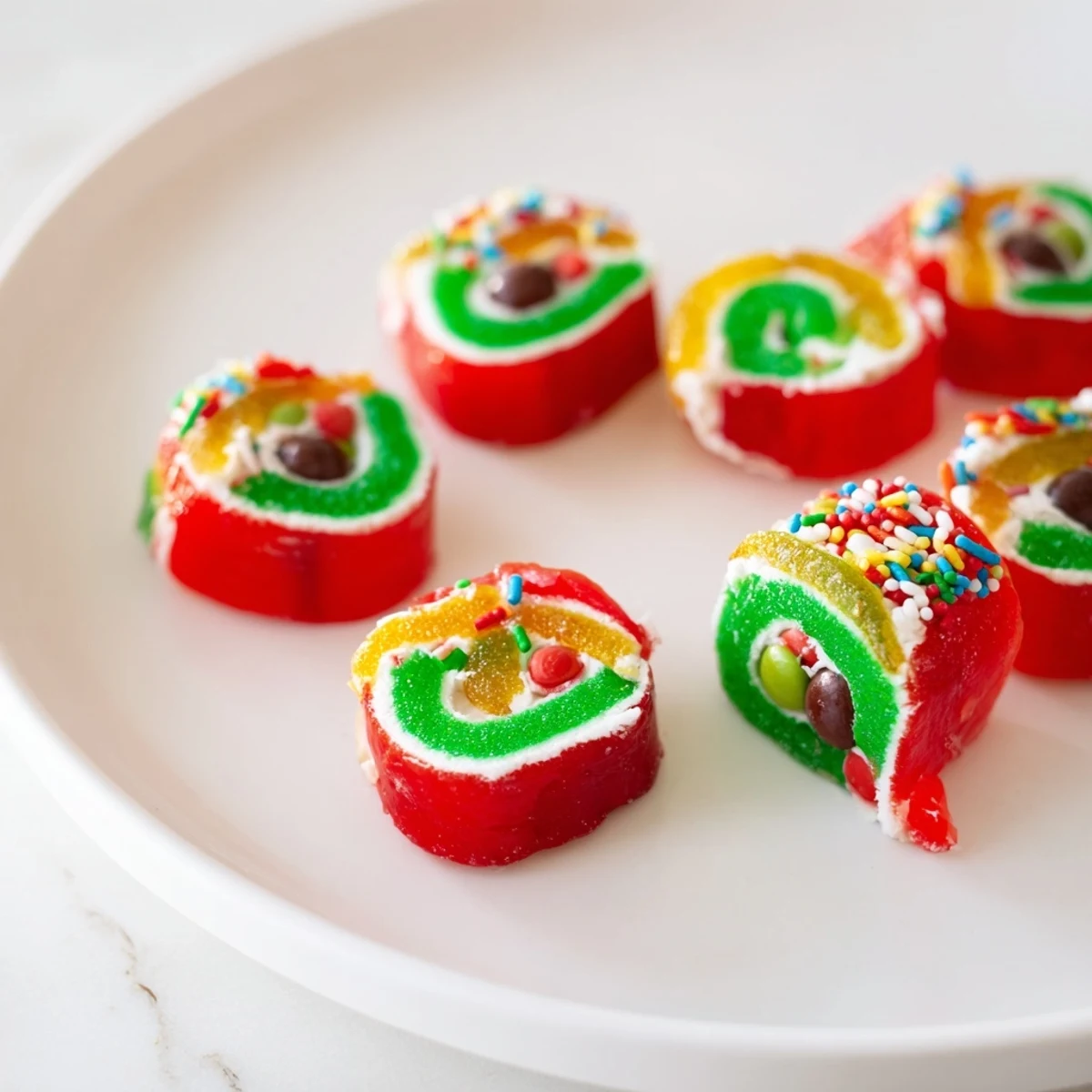 A close-up view of the playful Easy Christmas Fruit Rollup Sushi, showing the fun fillings.