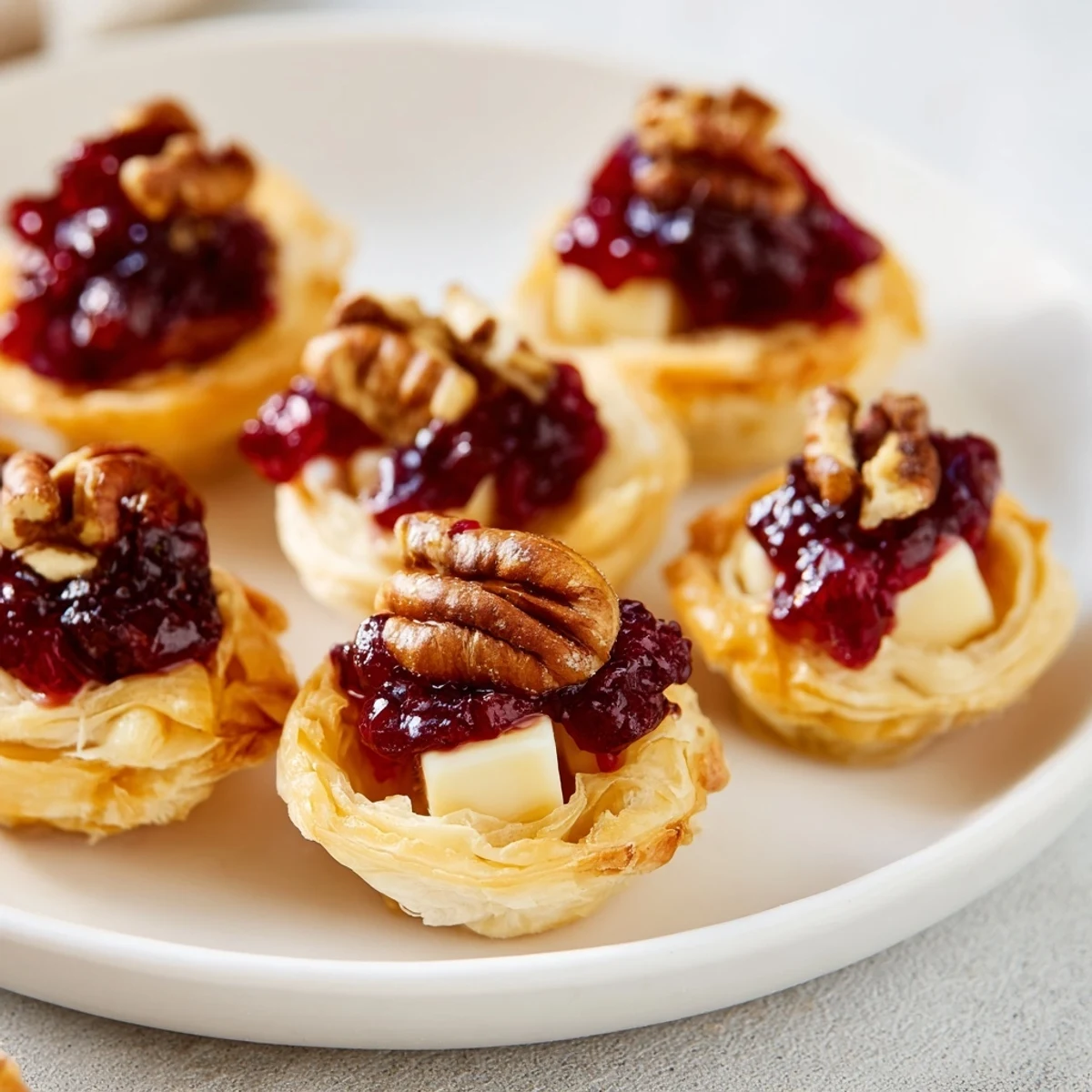 Express Cranberry Sauce Brie Bites, golden pastry cups overflowing with melted Brie and vibrant cranberry sauce.