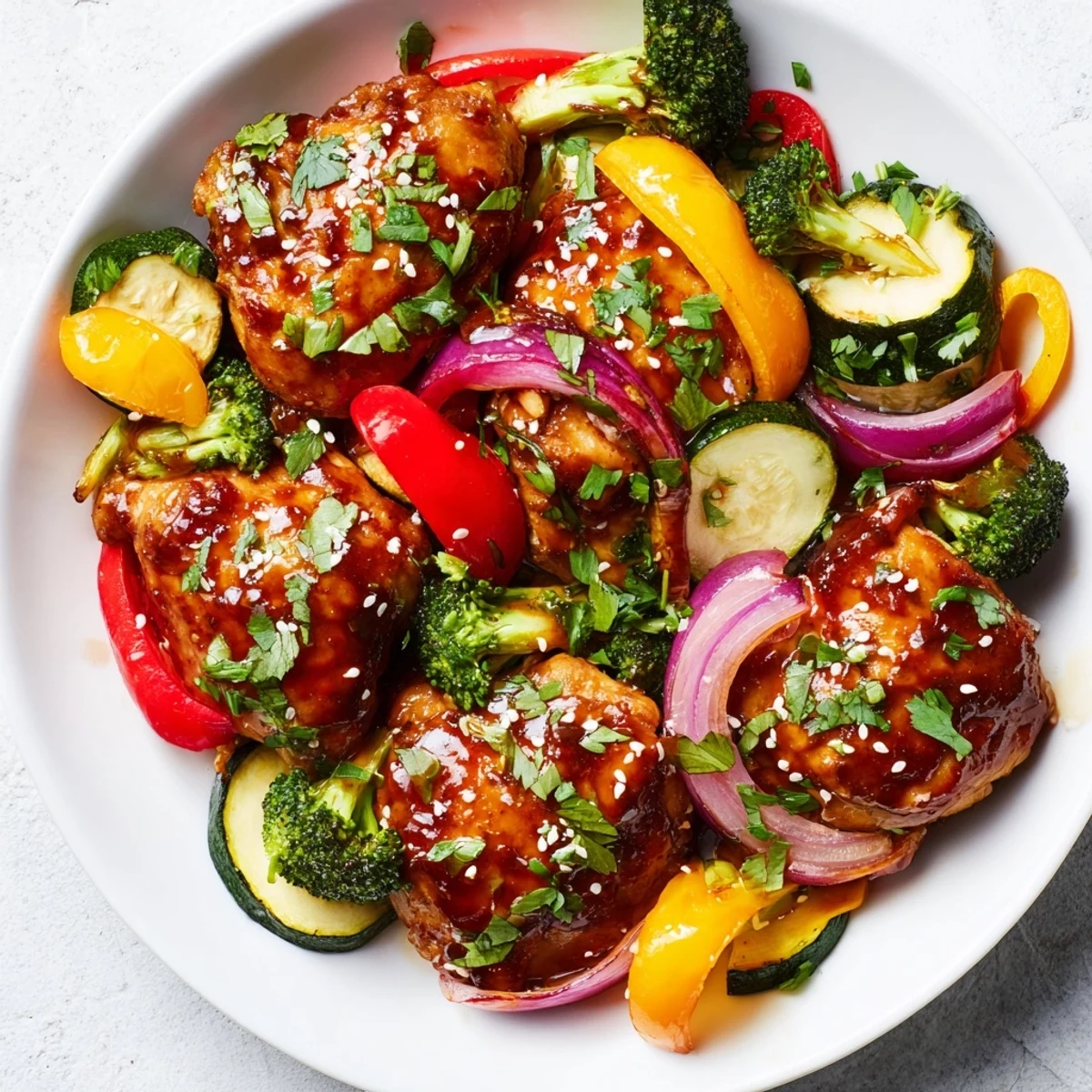 Juicy Spicy Honey-Garlic Chicken Sheet Pan alongside roasted colorful vegetables provides a flavorful, easy dinner.