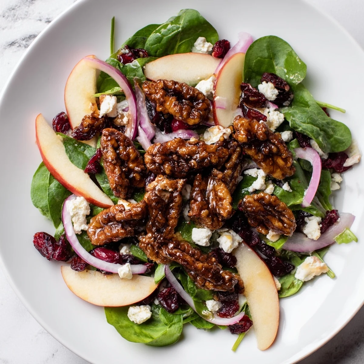 Gingerbread spiced candied pecan salad, a vibrant mix of greens topped with crunchy, spiced pecans and creamy cheese.