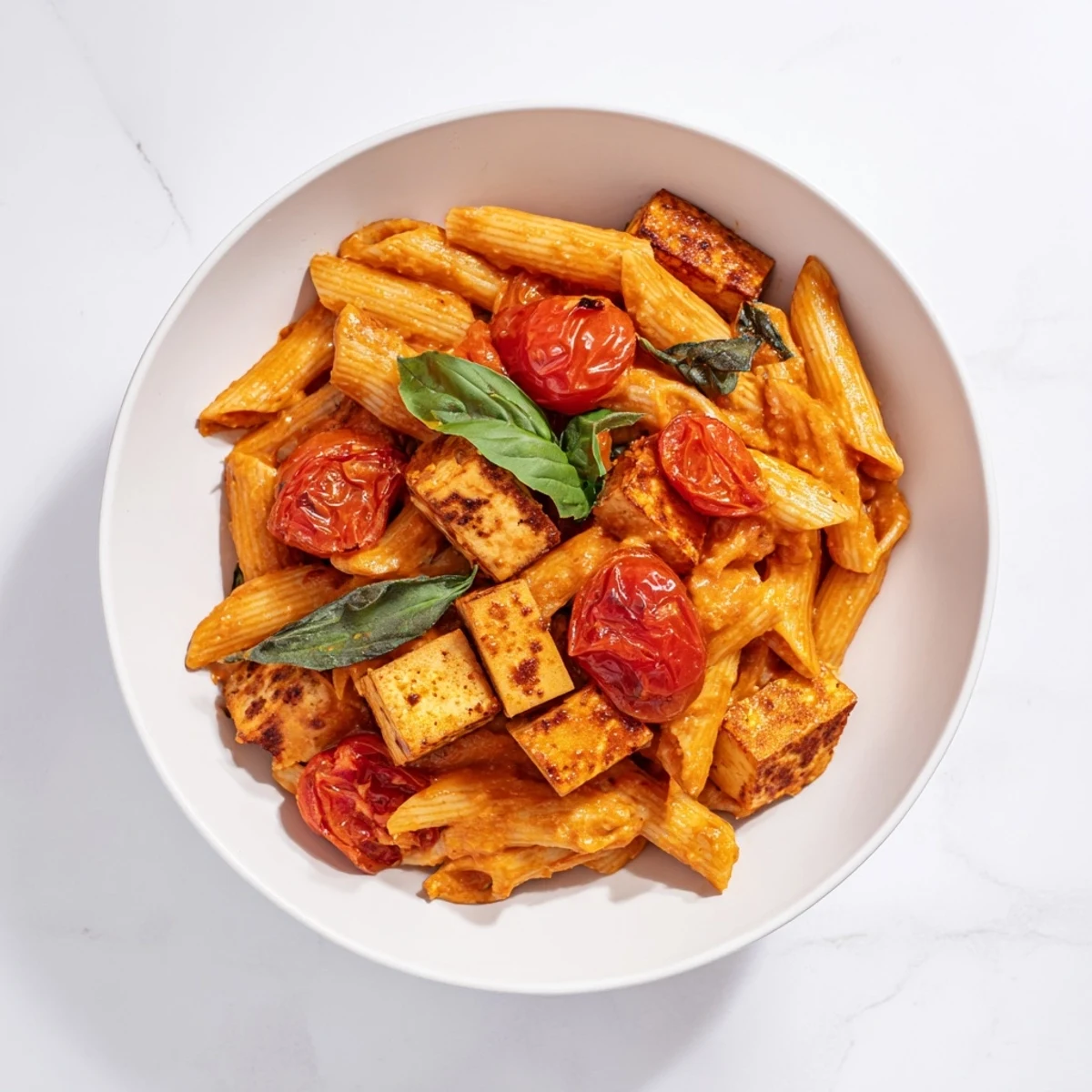 Creamy Vegan Baked Tofu Feta Pasta, featuring golden tofu and roasted tomatoes, ready to serve.