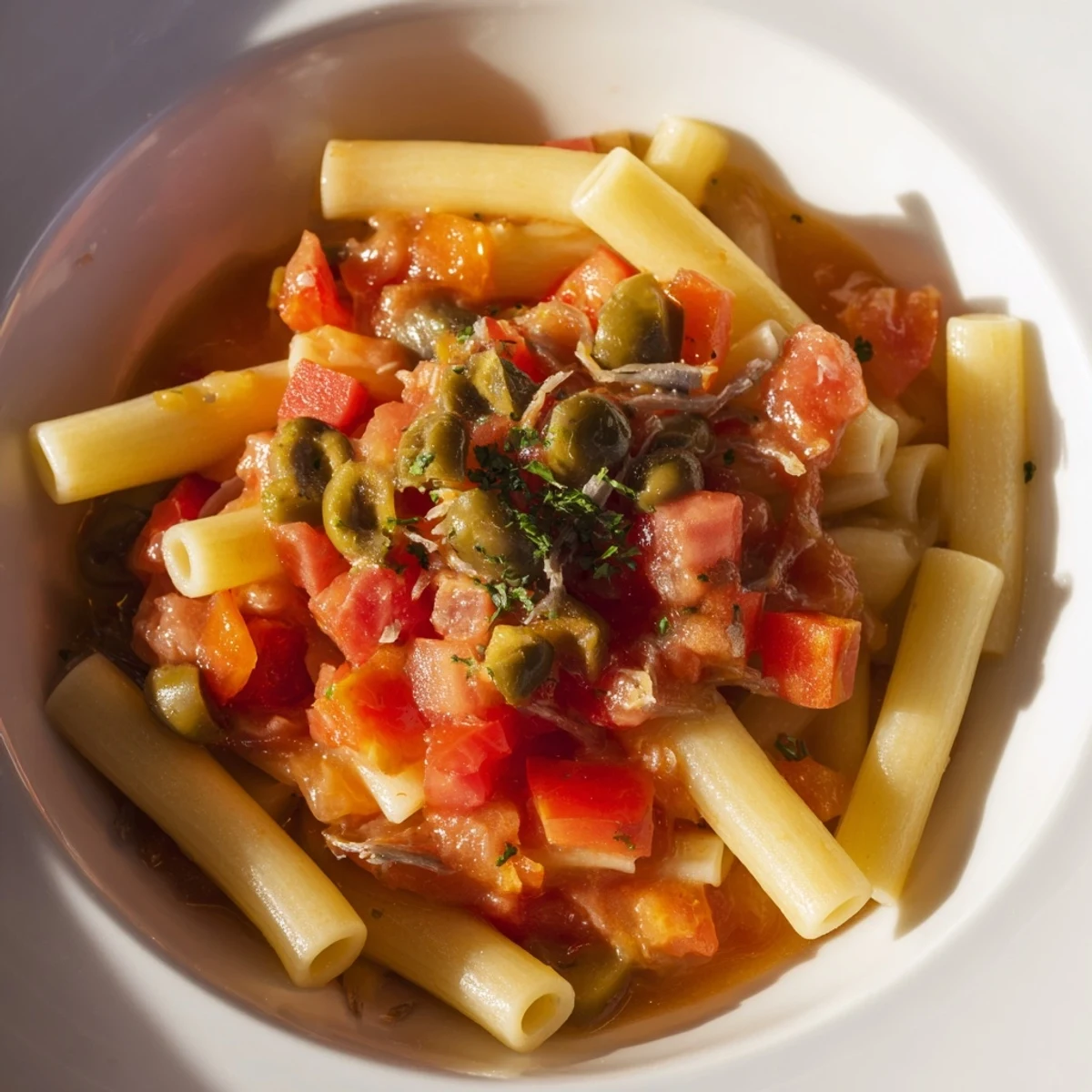 A plate of Puttanesca Ditalini, a flavorful pasta simmered in a rich tomato and olive sauce.