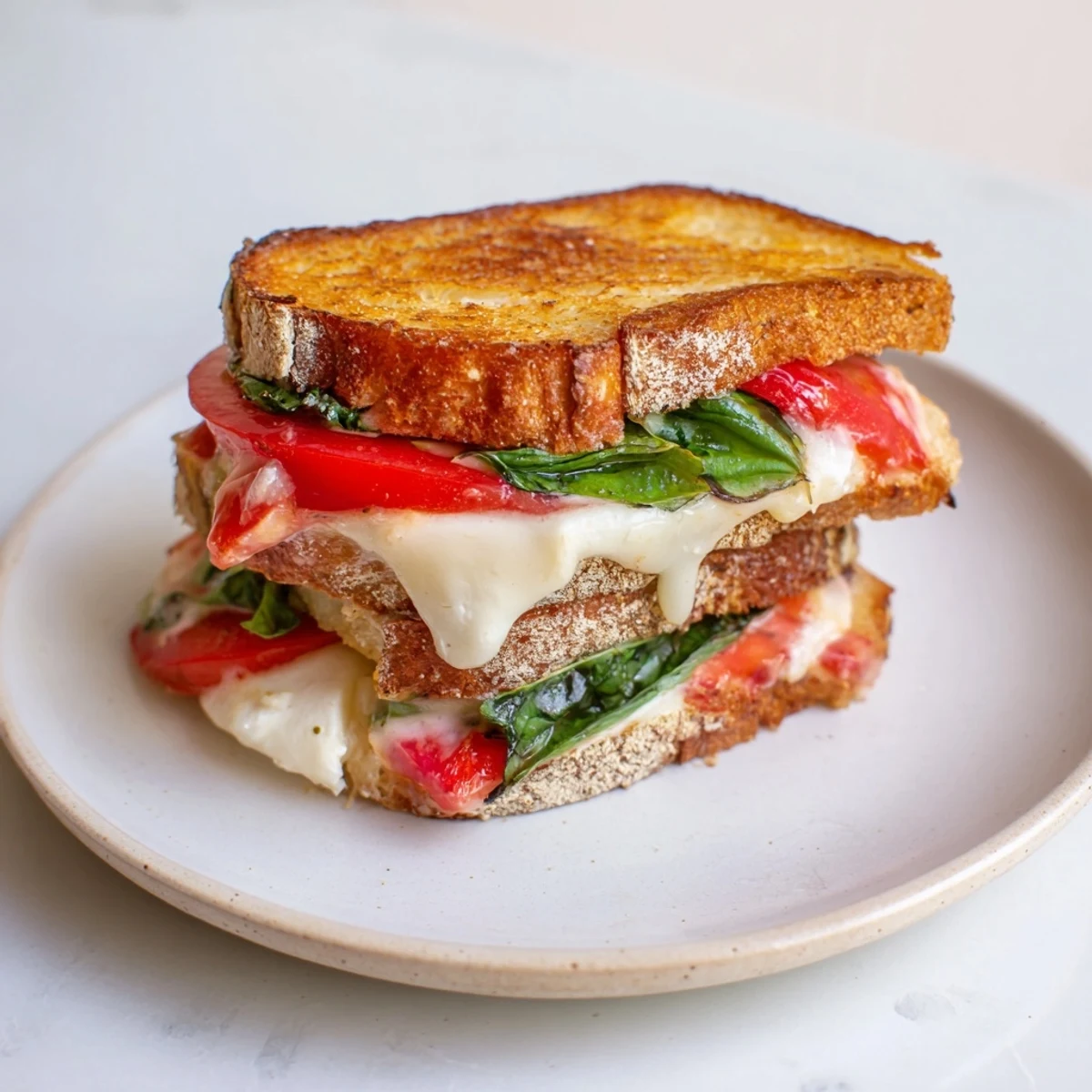 Golden, crispy Tomato Basil Burrata Stuffed Grilled Cheese oozes creamy cheese and ripe tomatoes.