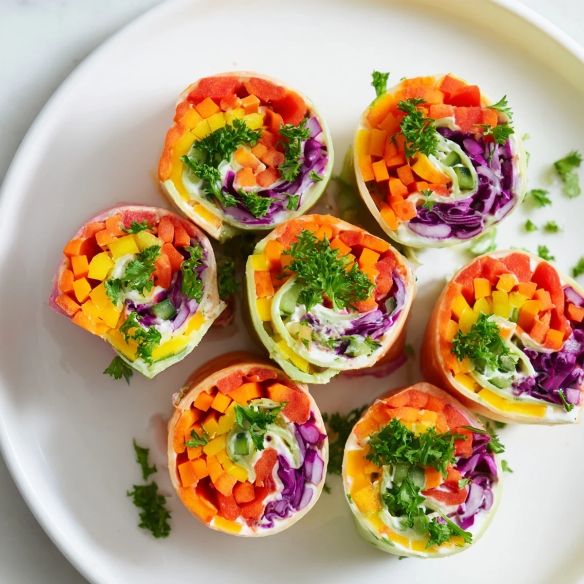 Vibrant Rainbow Veggie Christmas Lights Wrap Pinwheels, showcasing a party platter of healthy appetizers and fresh ingredients.