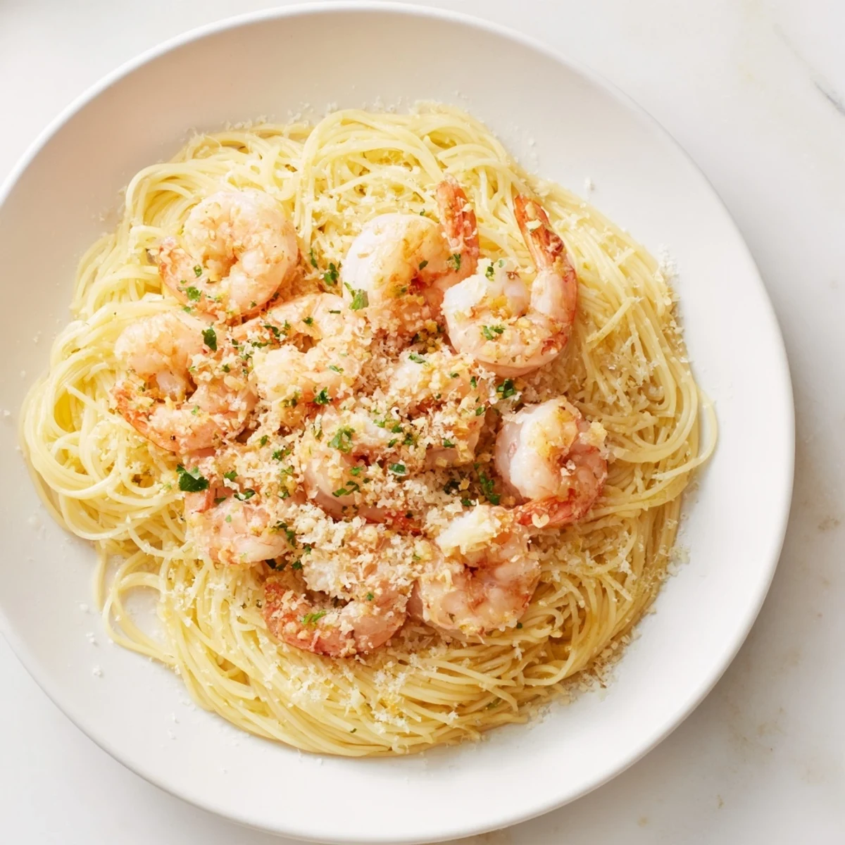 This image shows a steaming plate of One-Skillet Lemon Garlic Shrimp Angel Hair Pasta with fresh herbs.