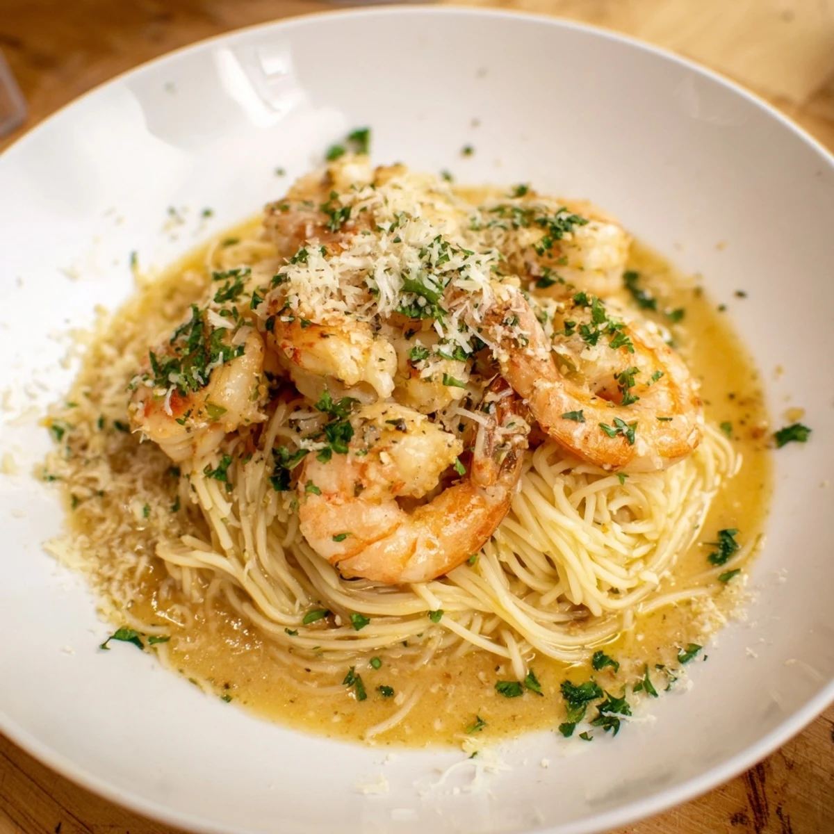 Golden shrimp and angel hair pasta swim in a lemon garlic sauce, a complete One-Skillet Lemon Garlic Shrimp Angel Hair Pasta.