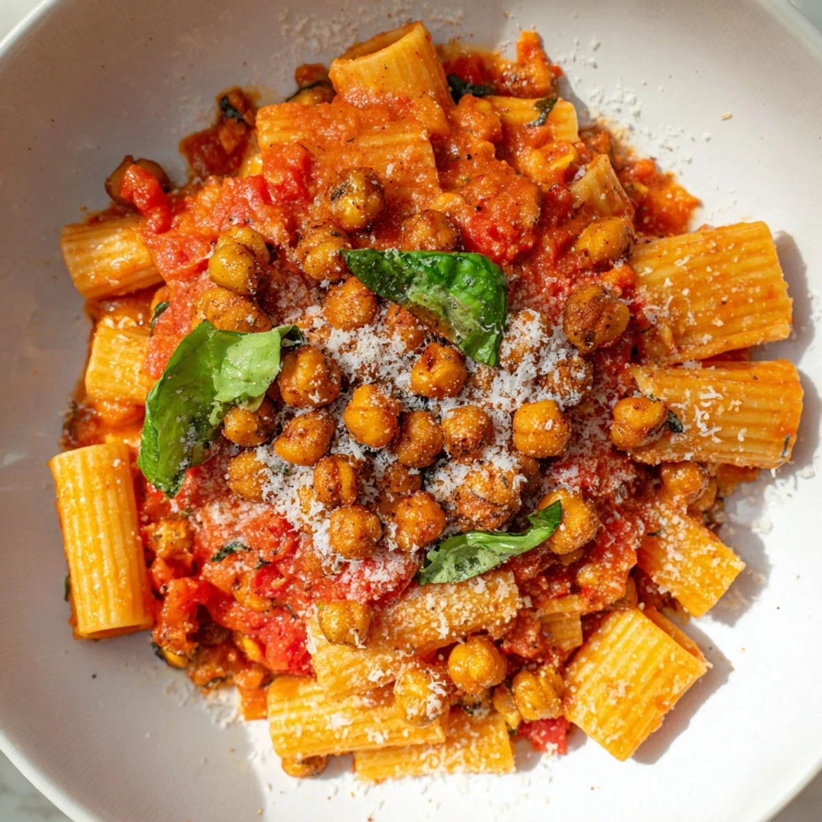 Vivid image shows the Spicy Arrabbiata Roasted Chickpea Crunch Pasta topped with Parmesan and fresh basil.