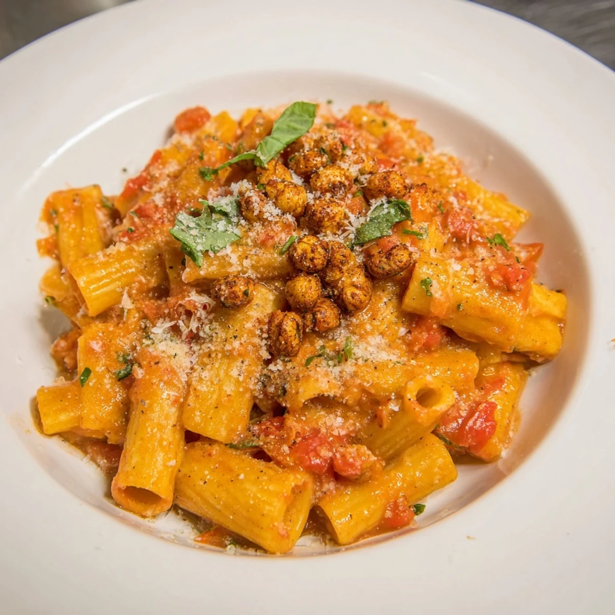 Spicy Arrabbiata Roasted Chickpea Crunch Pasta, a vibrant dish with crispy chickpeas and a fiery sauce.