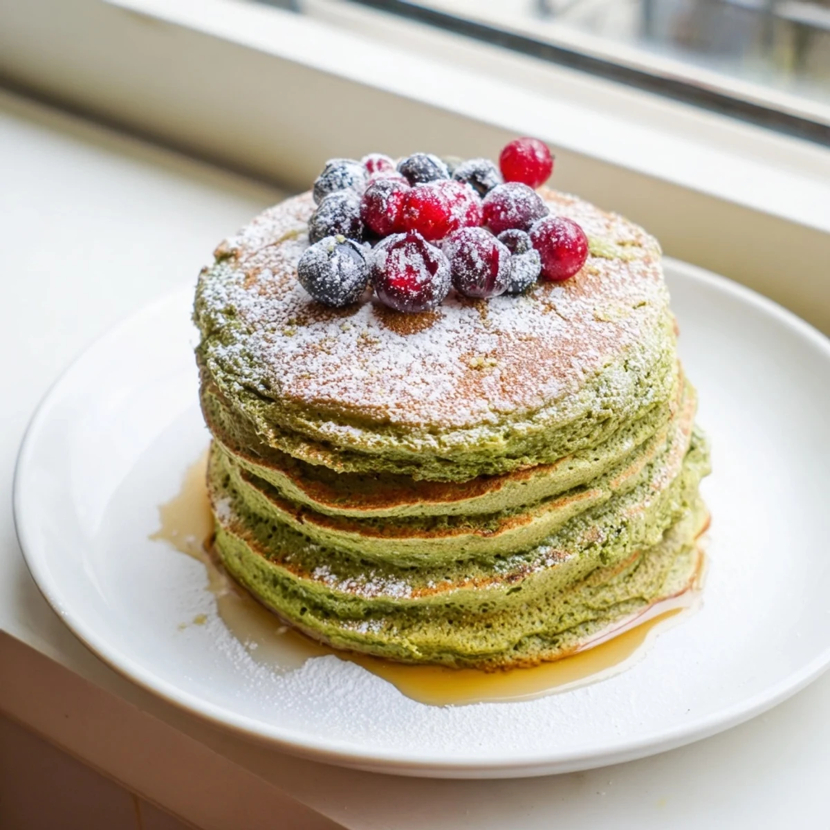Enjoy the warm spices and vibrant green hue of these egg white gingerbread matcha soufflé pancakes.