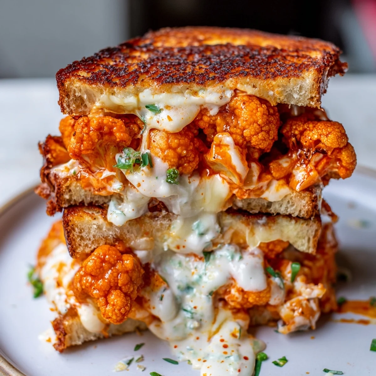 Golden, gooey Buffalo Cauliflower Ranch Grilled Cheese, showcasing crispy bread and melted cheese pull.