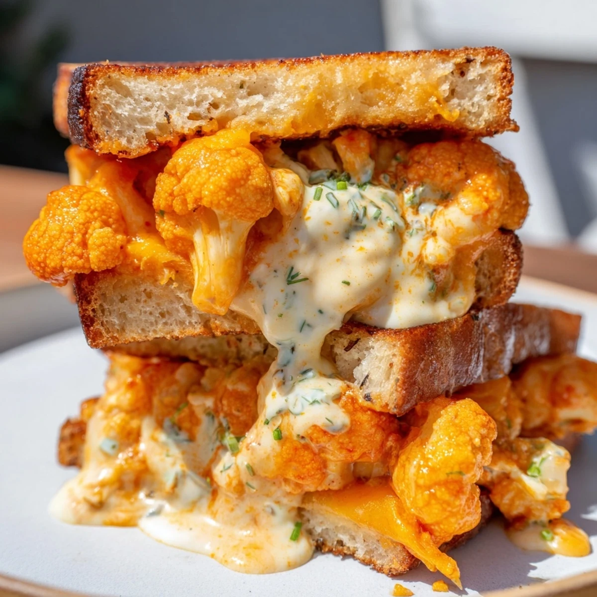 A close-up of a perfectly grilled Buffalo Cauliflower Ranch Grilled Cheese, oozing with cheesy goodness.