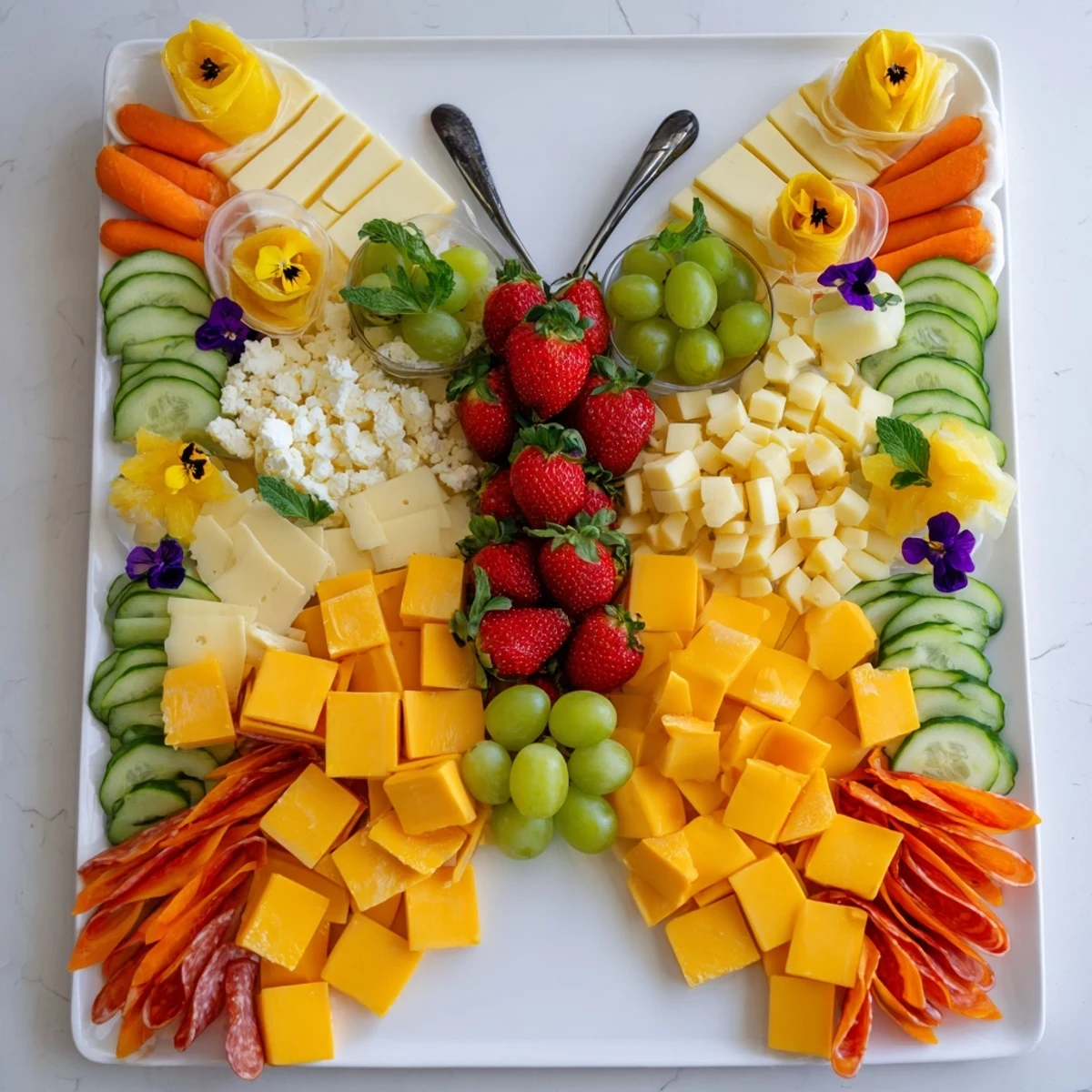 Summer Butterfly Board overflowing with colorful fruits, cheeses, and charcuterie, ready to enjoy.